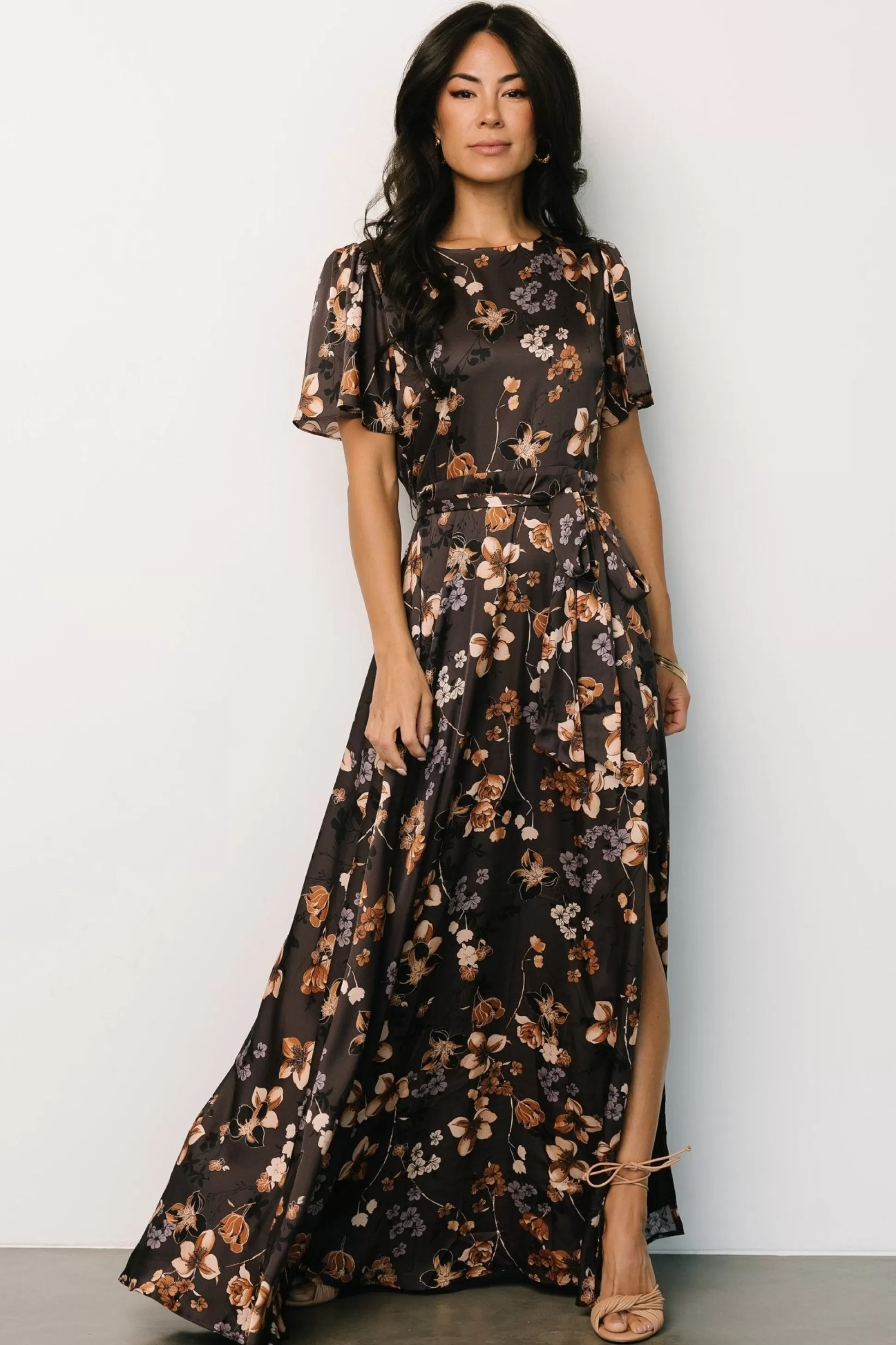 WEDDING SUITE | wedding guest | Baltic Born Agnes Satin Maxi Dress | Brown Floral