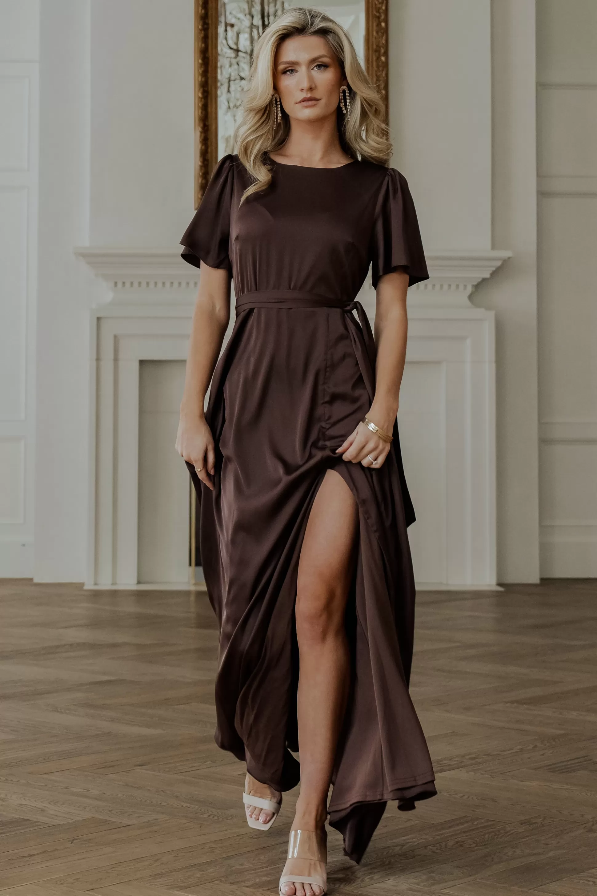 WEDDING SUITE | wedding guest | Baltic Born Agnes Satin Maxi Dress | Espresso