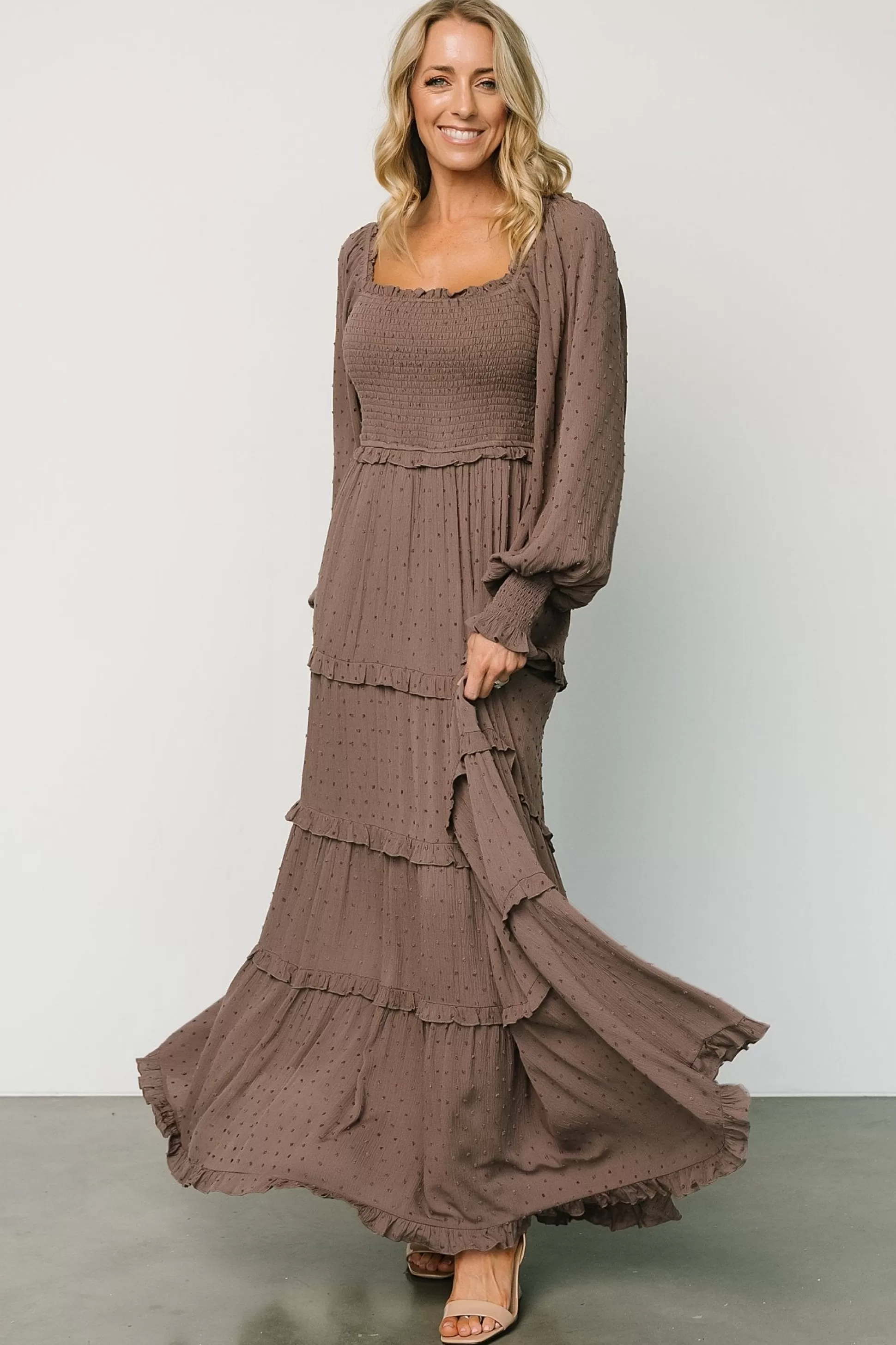 maxi dresses | EXTENDED SIZING | Baltic Born Amanda Smocked Dotted Maxi Dress | Brown