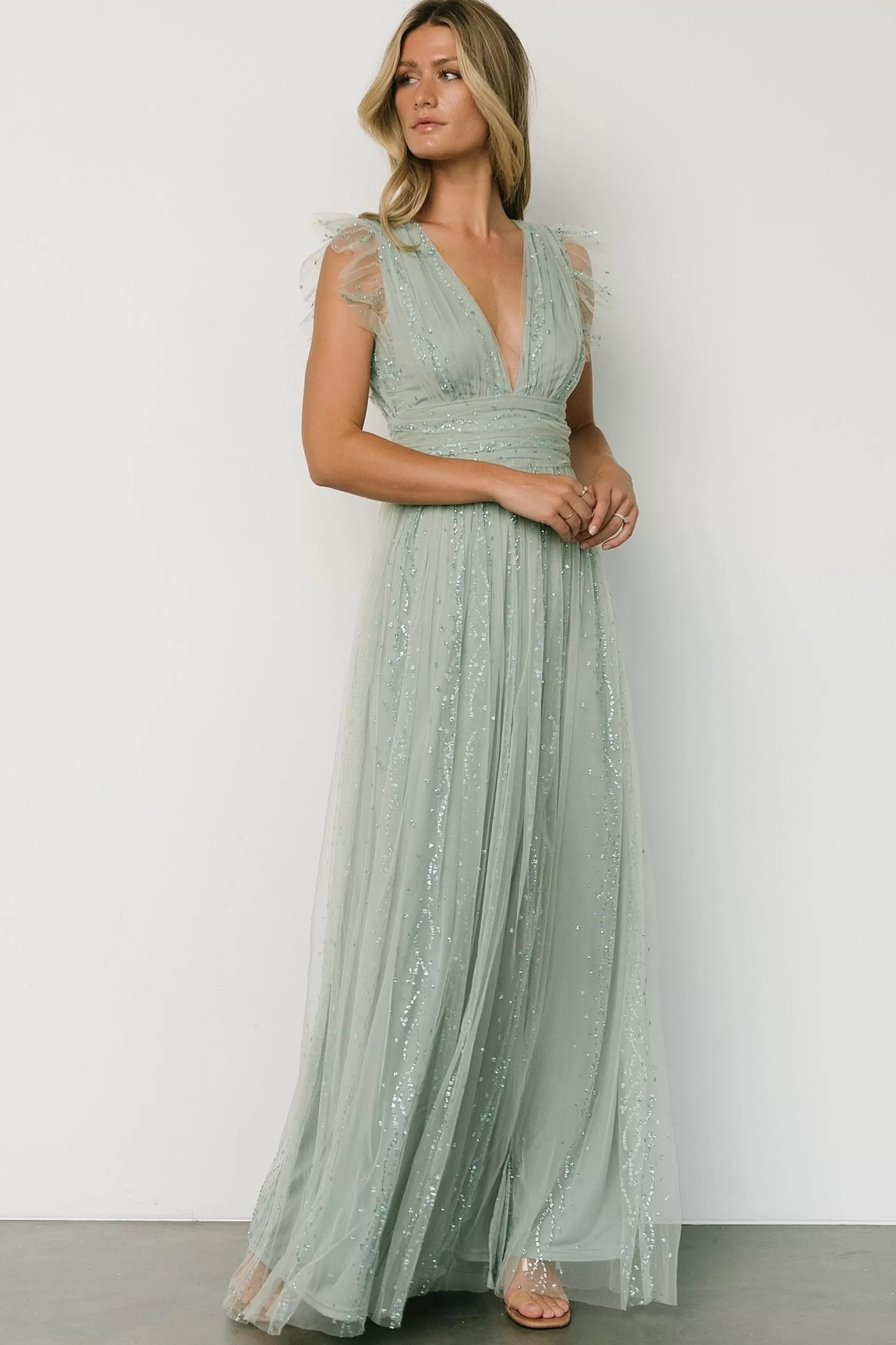 tulle styles | Baltic Born Annika Sequin Mesh Maxi Dress | Dusty Sage