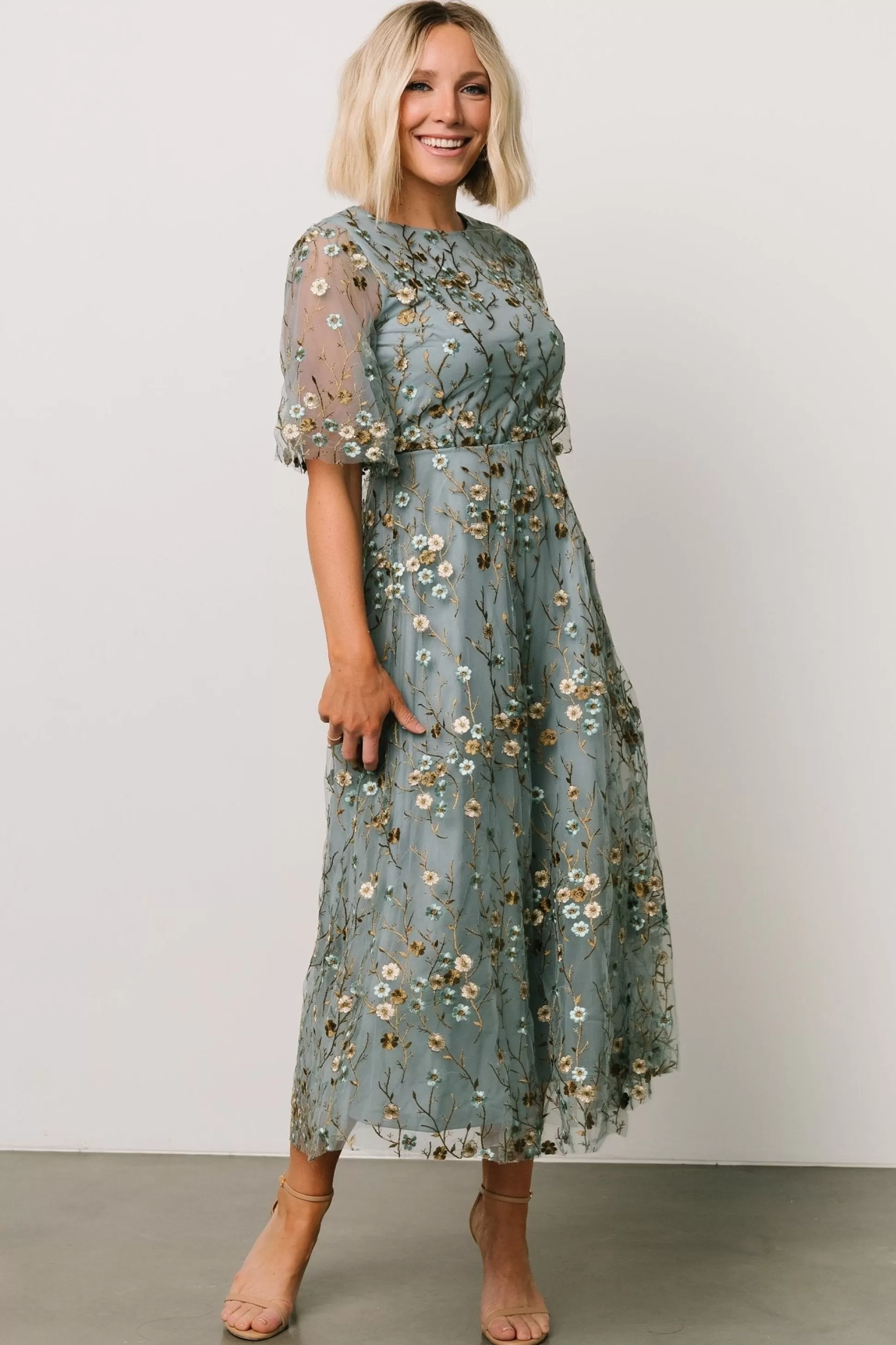 WEDDING SUITE | wedding guest | Baltic Born Arabella Embroidered Tulle Maxi Dress | Dusty Blue Floral