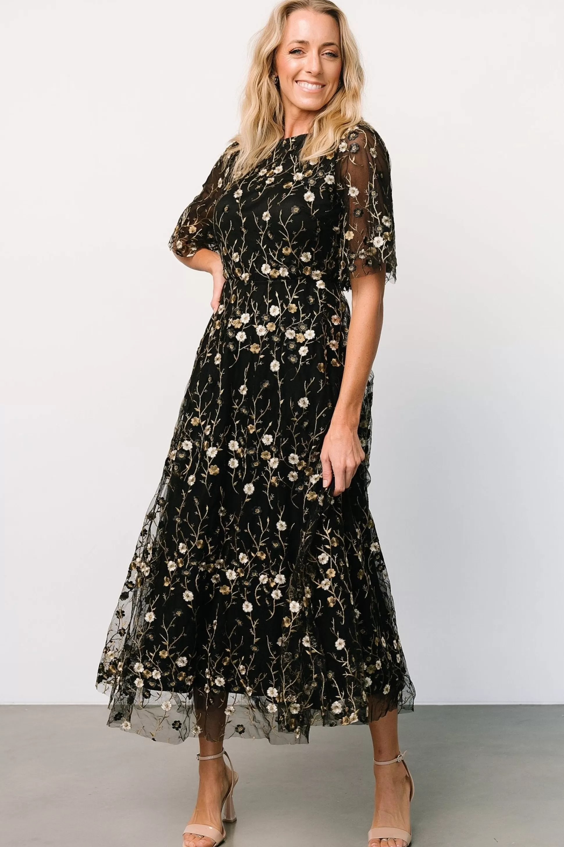 WEDDING SUITE | wedding guest | Baltic Born Arabella Embroidered Tulle Maxi Dress | Gold + Black