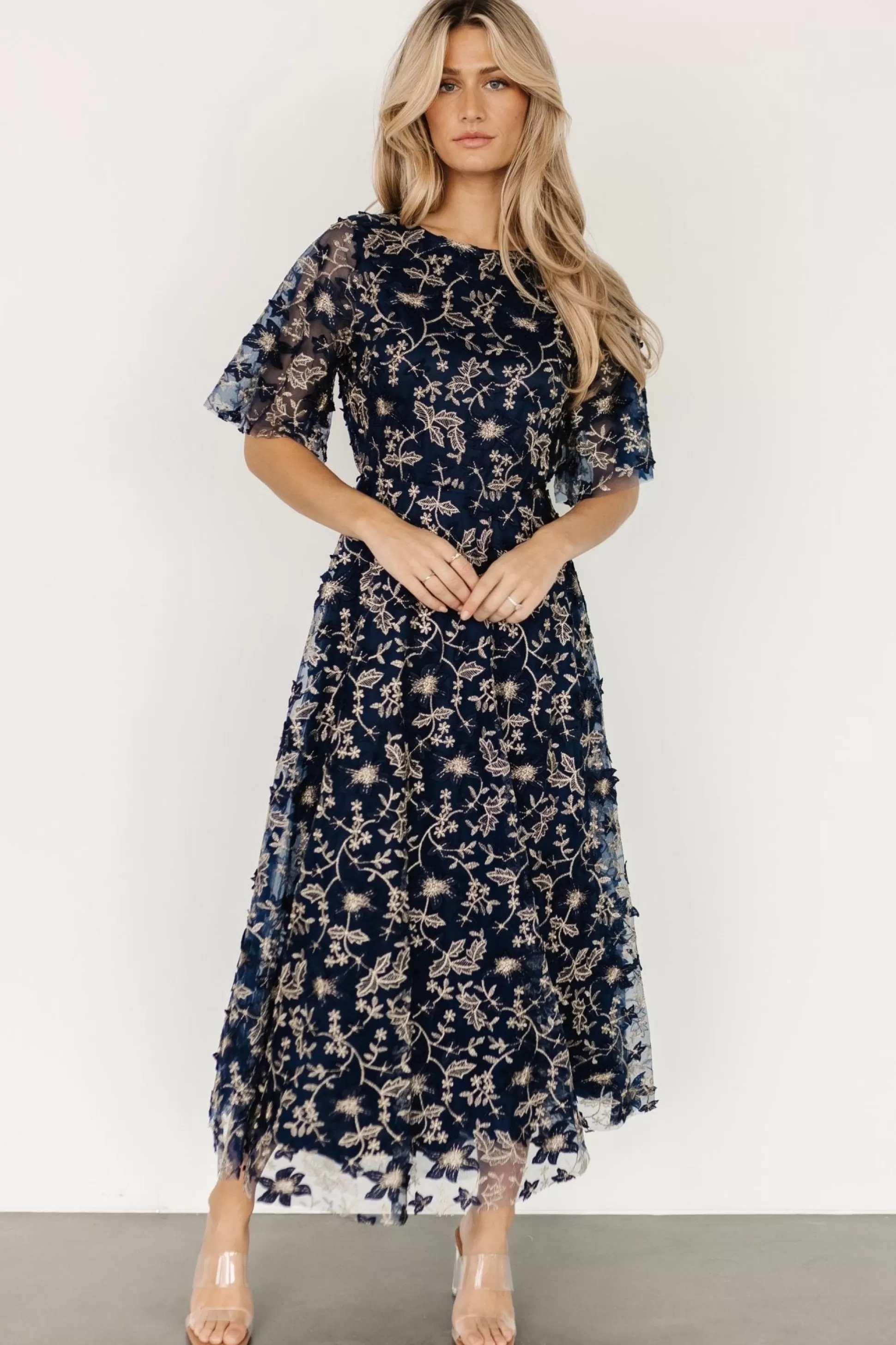 WEDDING SUITE | wedding guest | Baltic Born Arabella Embroidered Tulle Maxi Dress | Navy + Gold