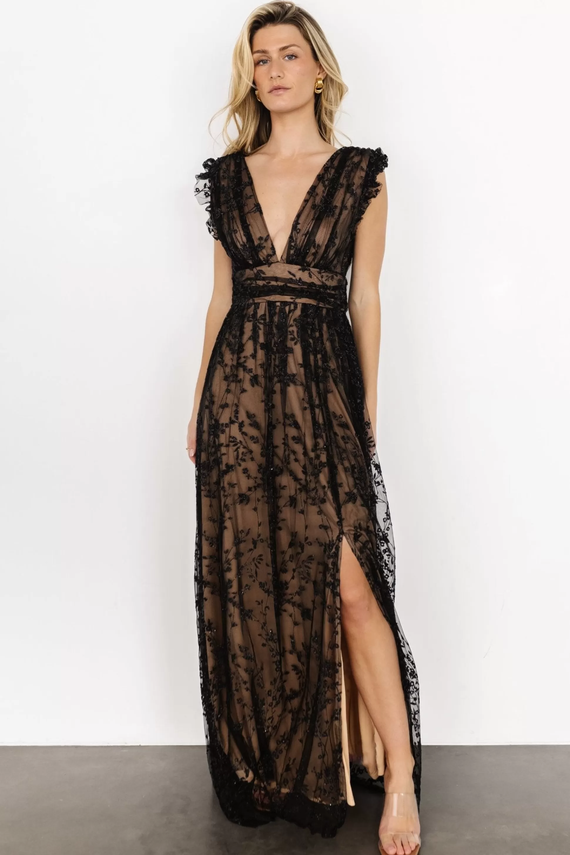 embellished + sequined | Baltic Born Arlene Shimmer Gown | Black + Nude