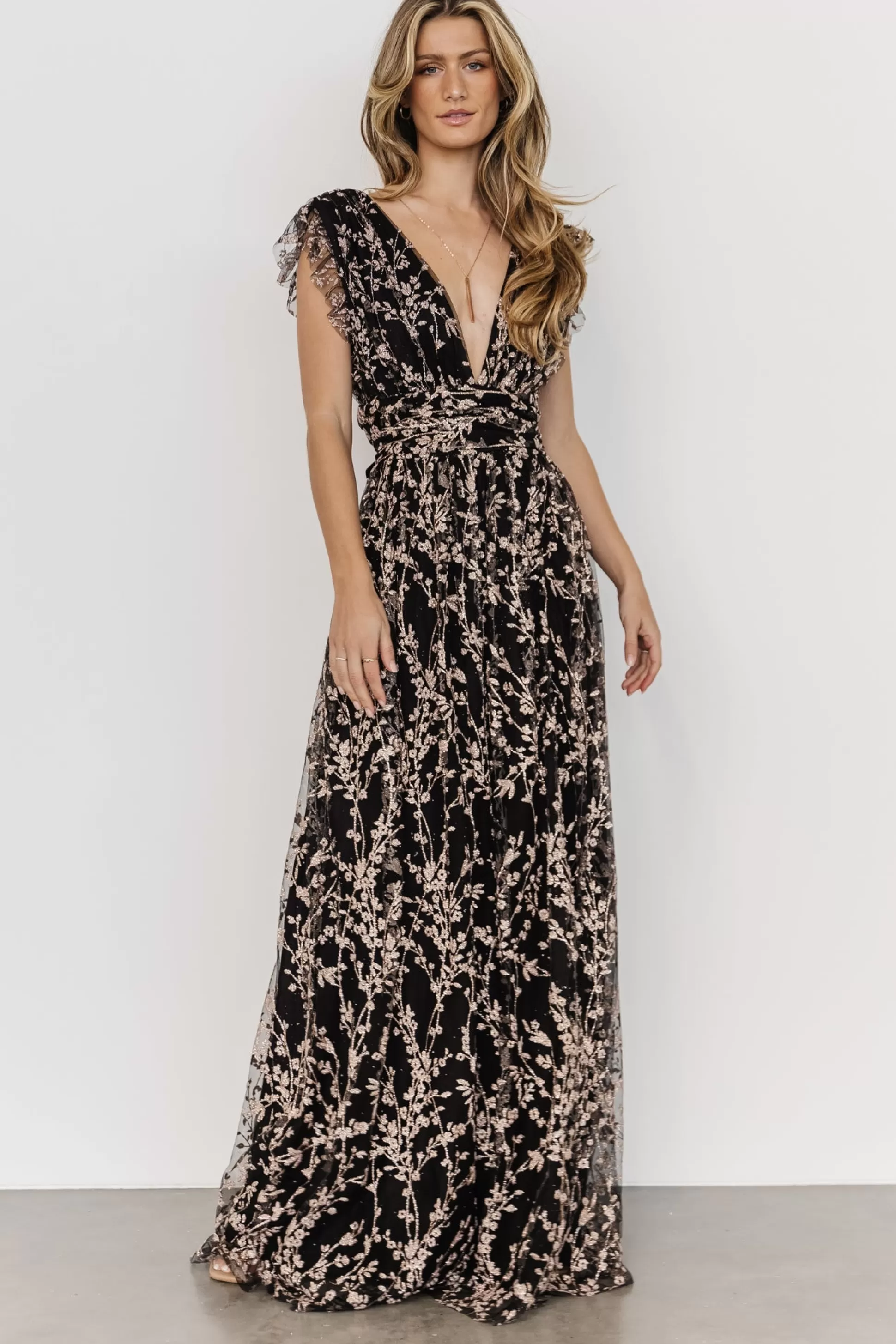 embellished + sequined | Baltic Born Arlene Shimmer Gown | Black + Rose Gold