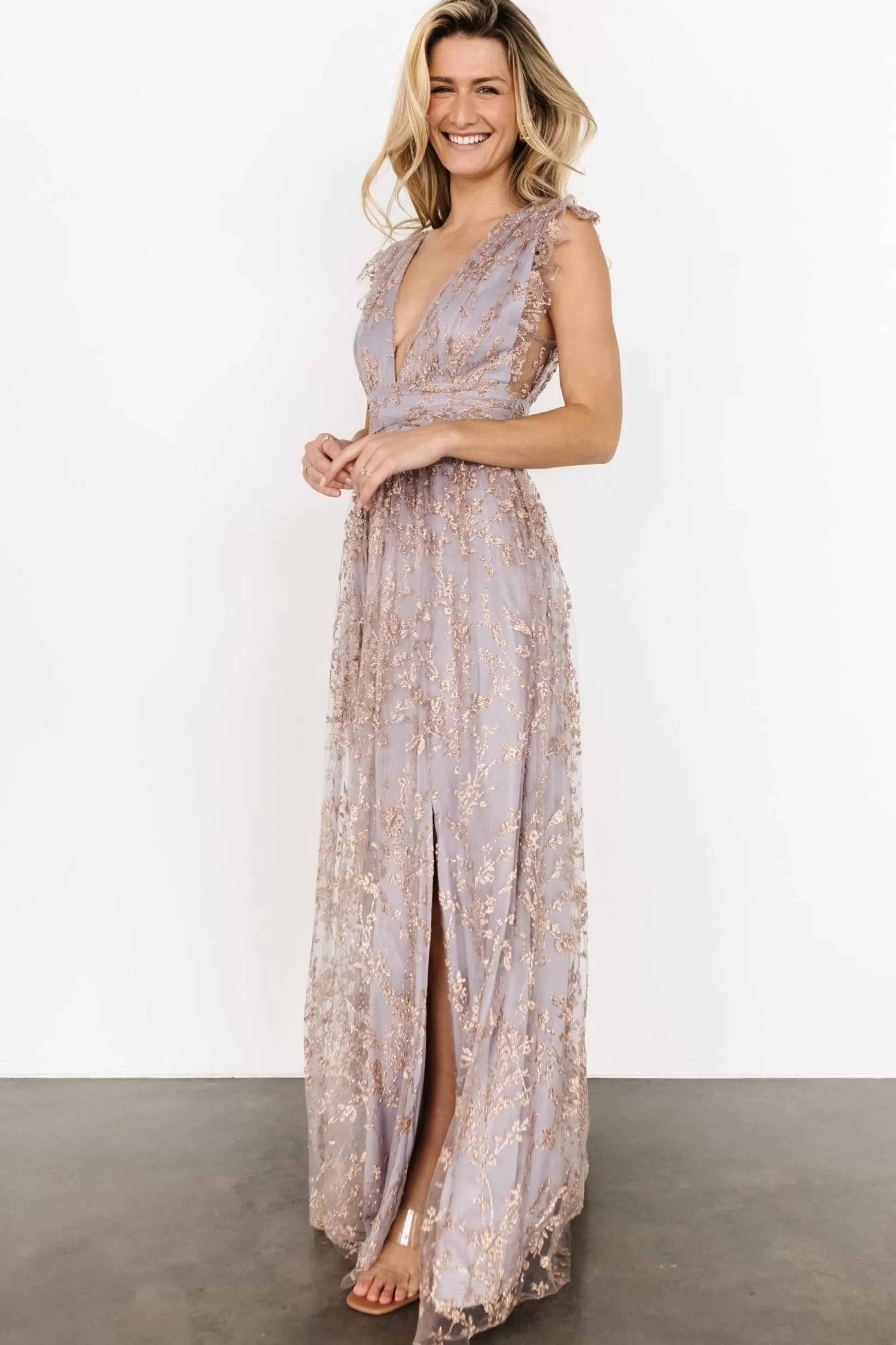 embellished + sequined | Baltic Born Arlene Shimmer Gown | Dusty Lilac + Rose