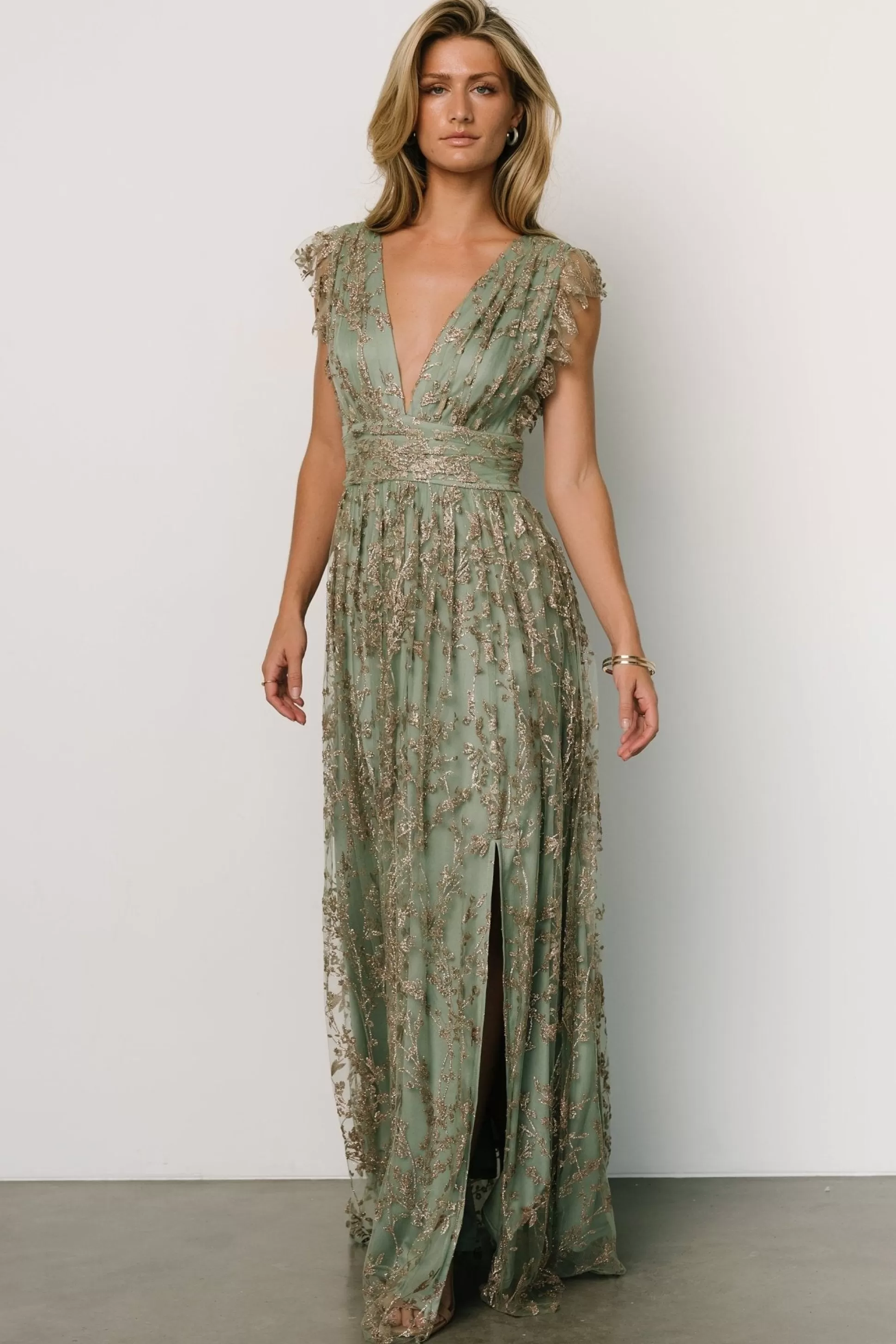 embellished + sequined | Baltic Born Arlene Shimmer Gown | Sage + Gold