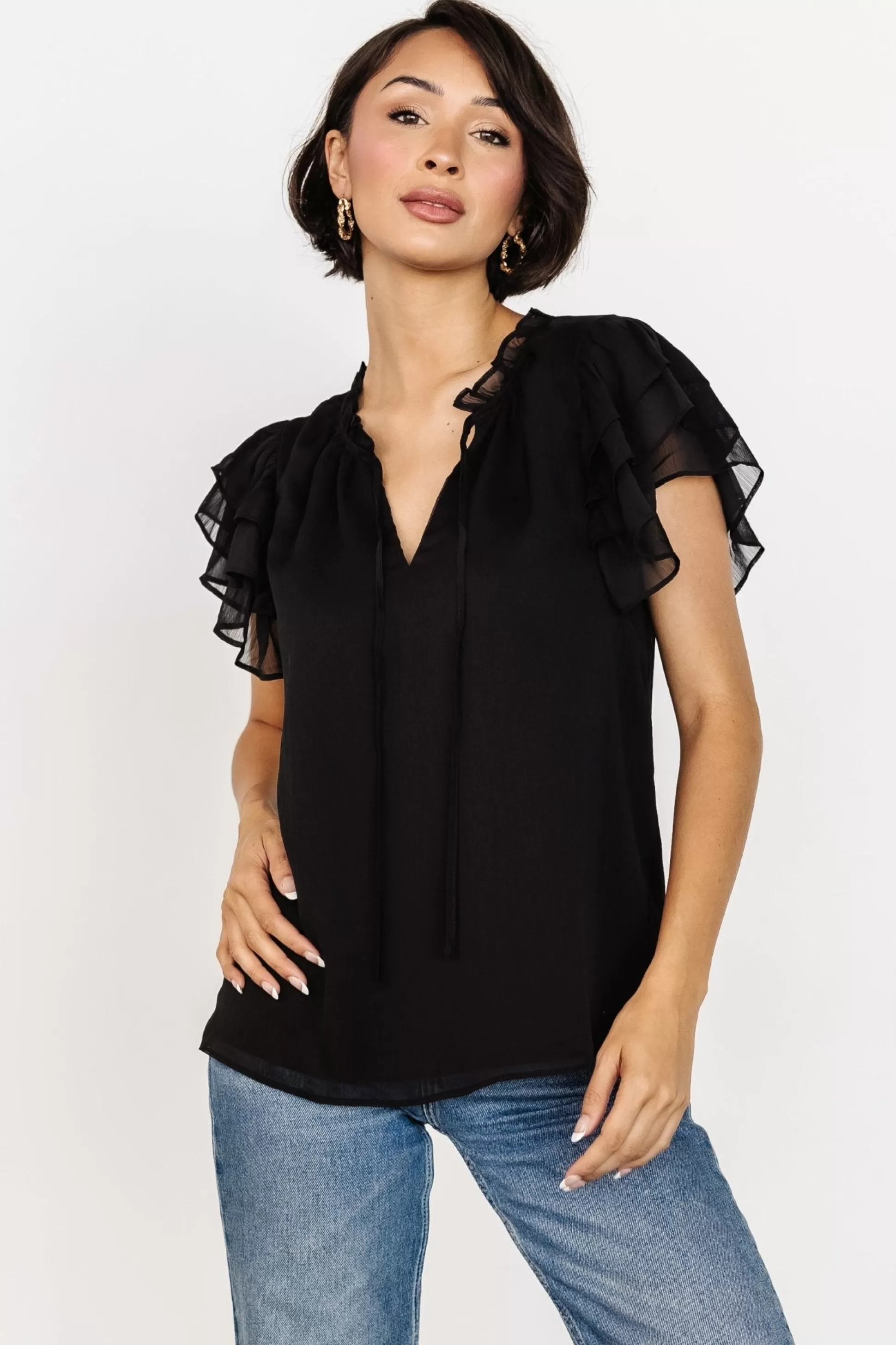 blouses + shirts | Baltic Born Asher Ruffle Sleeve Top | Black