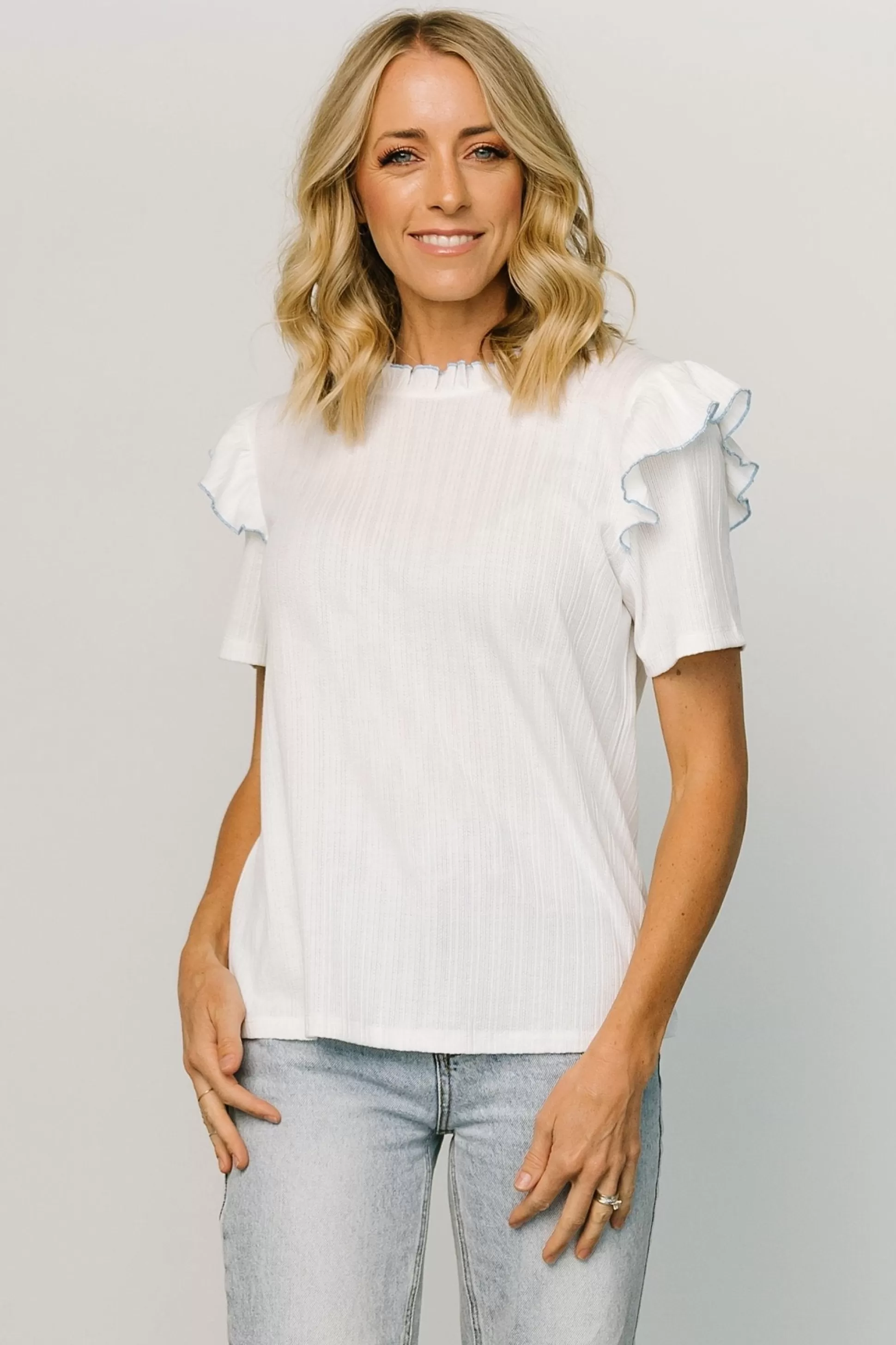 blouses + shirts | Baltic Born Atlas Ruffle Sleeve Top | Off White + Blue