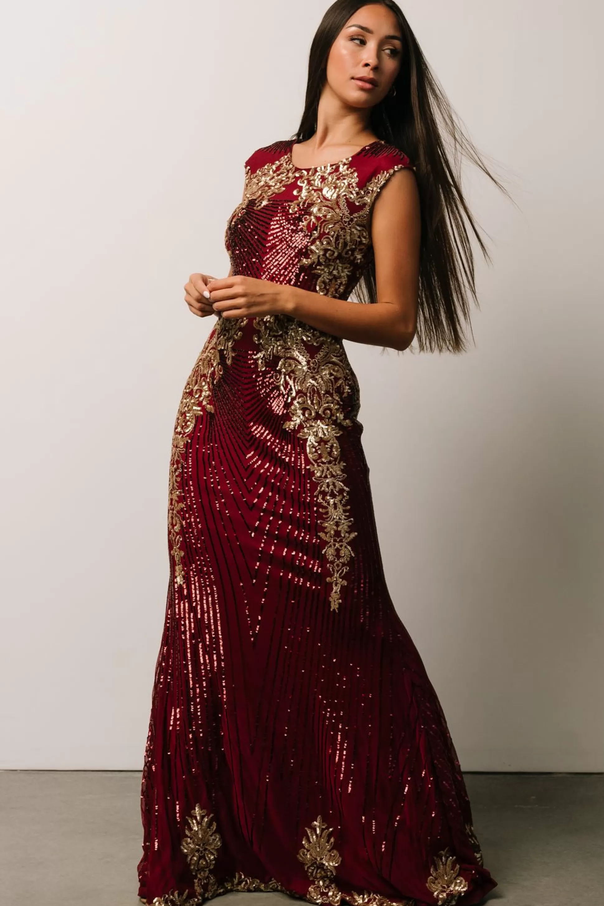 embellished + sequined | Baltic Born Azura Sequin Gown | Burgundy + Gold