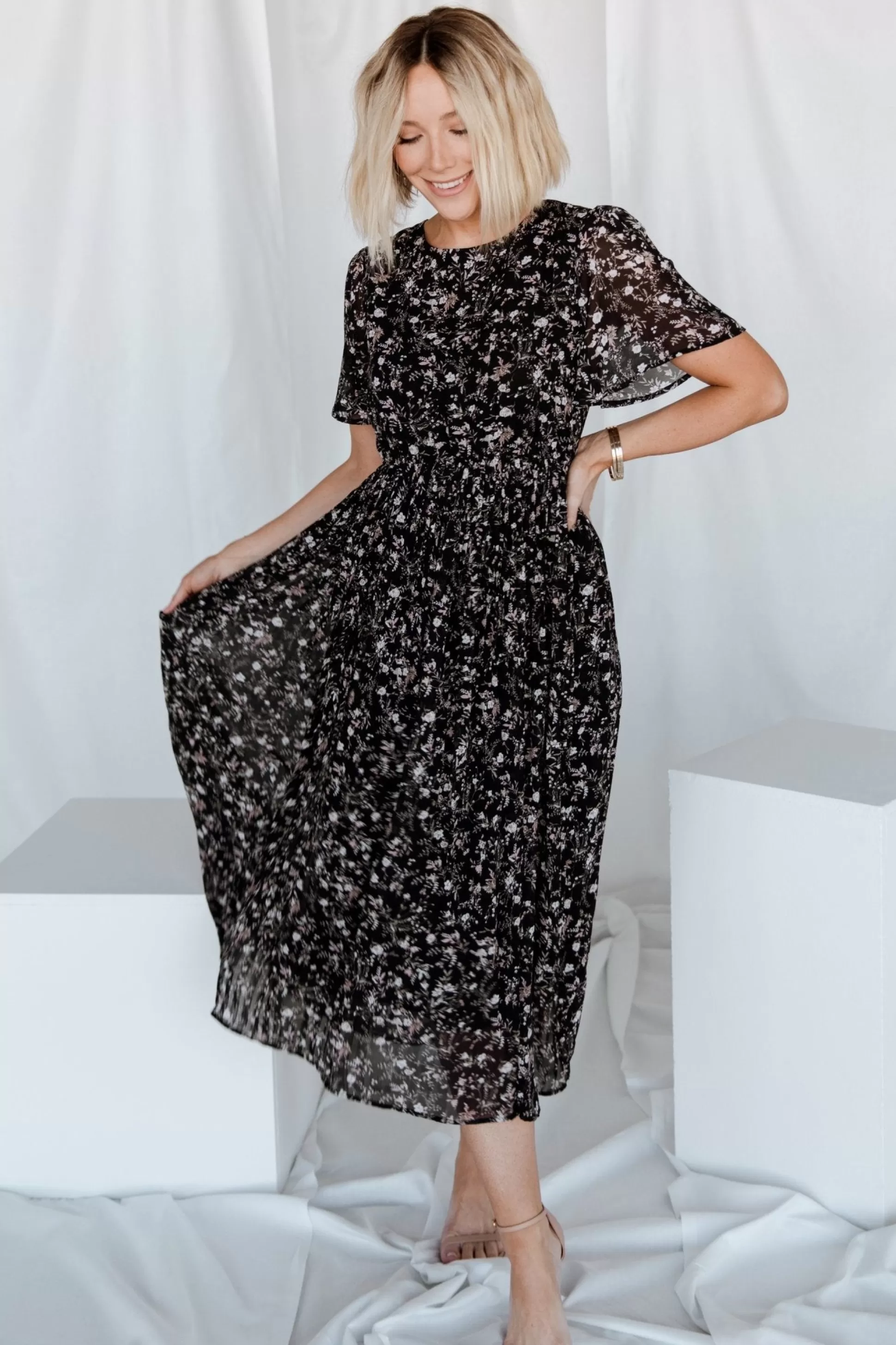 SALE | Baltic Born Belfast Pleated Midi Dress | Black Floral