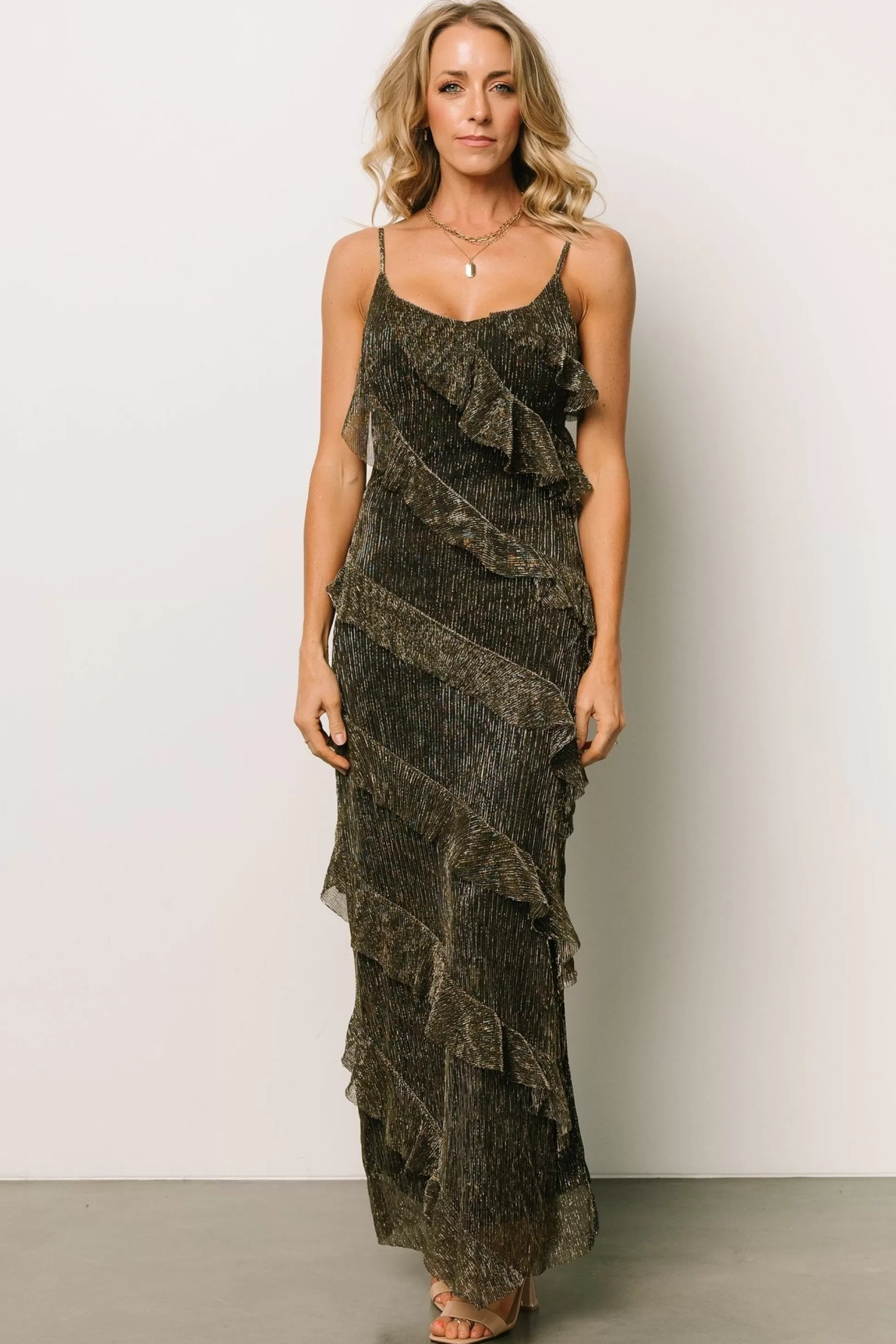 maxi dresses | Baltic Born Belisama Ruffle Gown | Black + Gold