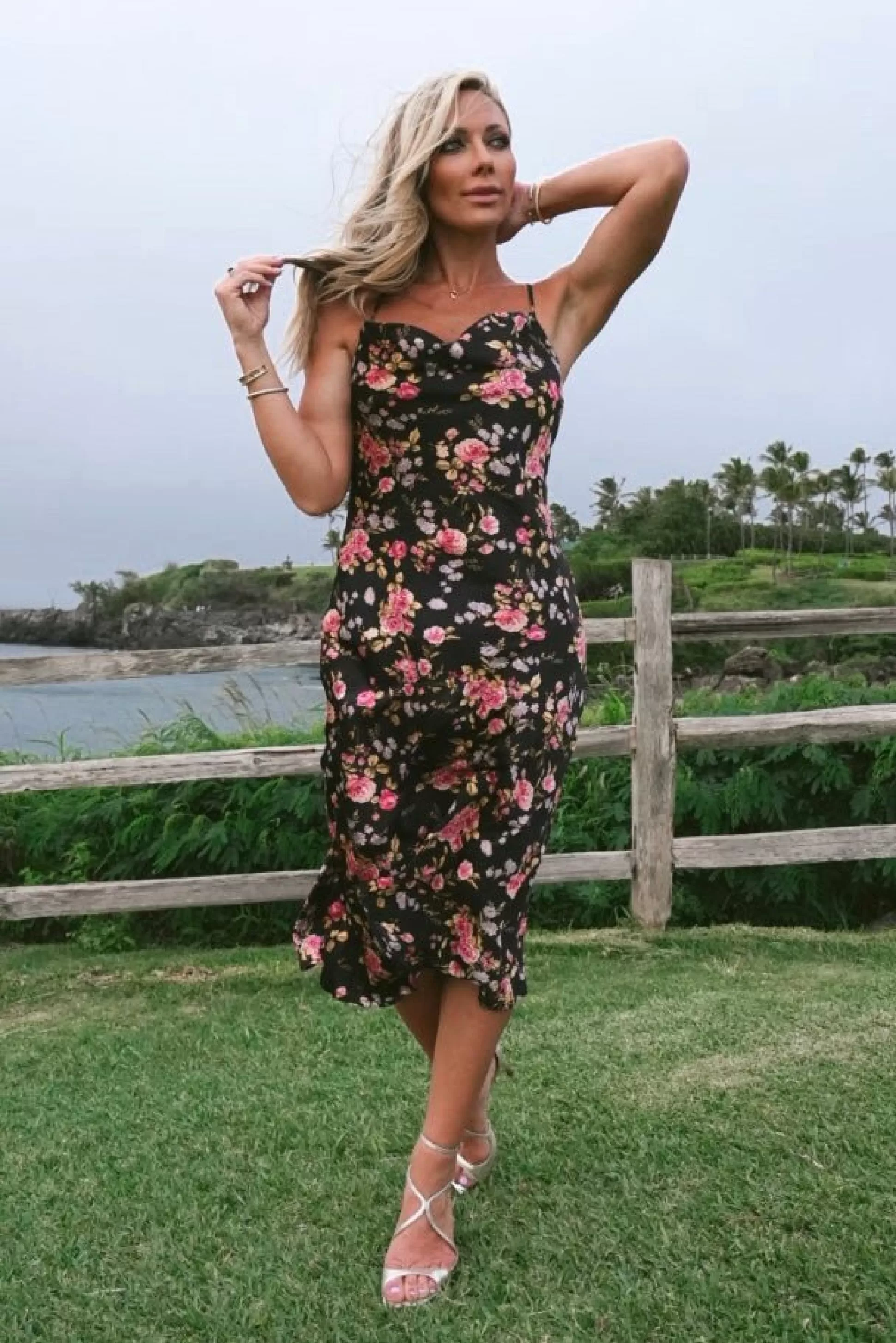 SALE | Baltic Born Belyn Satin Midi Dress | Black Rose Floral