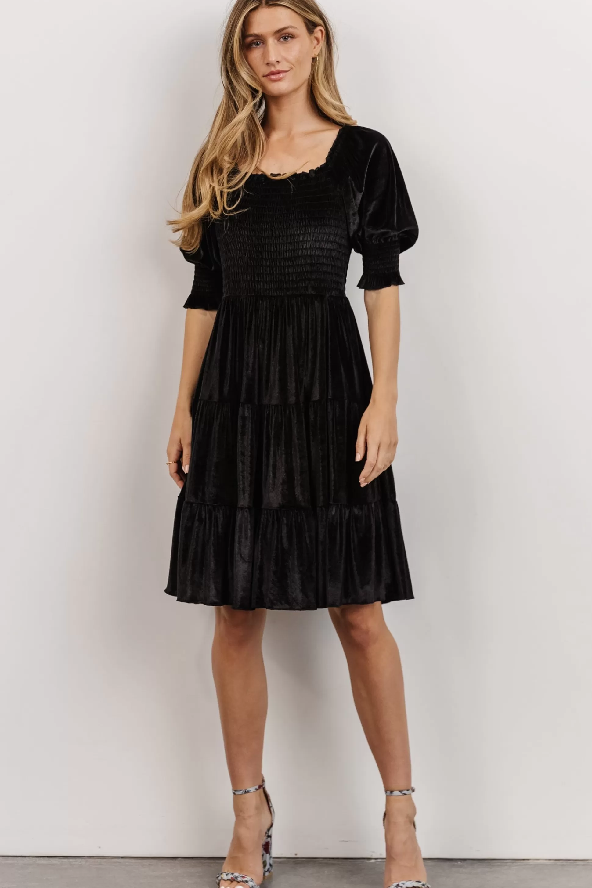 bump friendly | Baltic Born Bliss Smocked Velvet Short Dress | Black