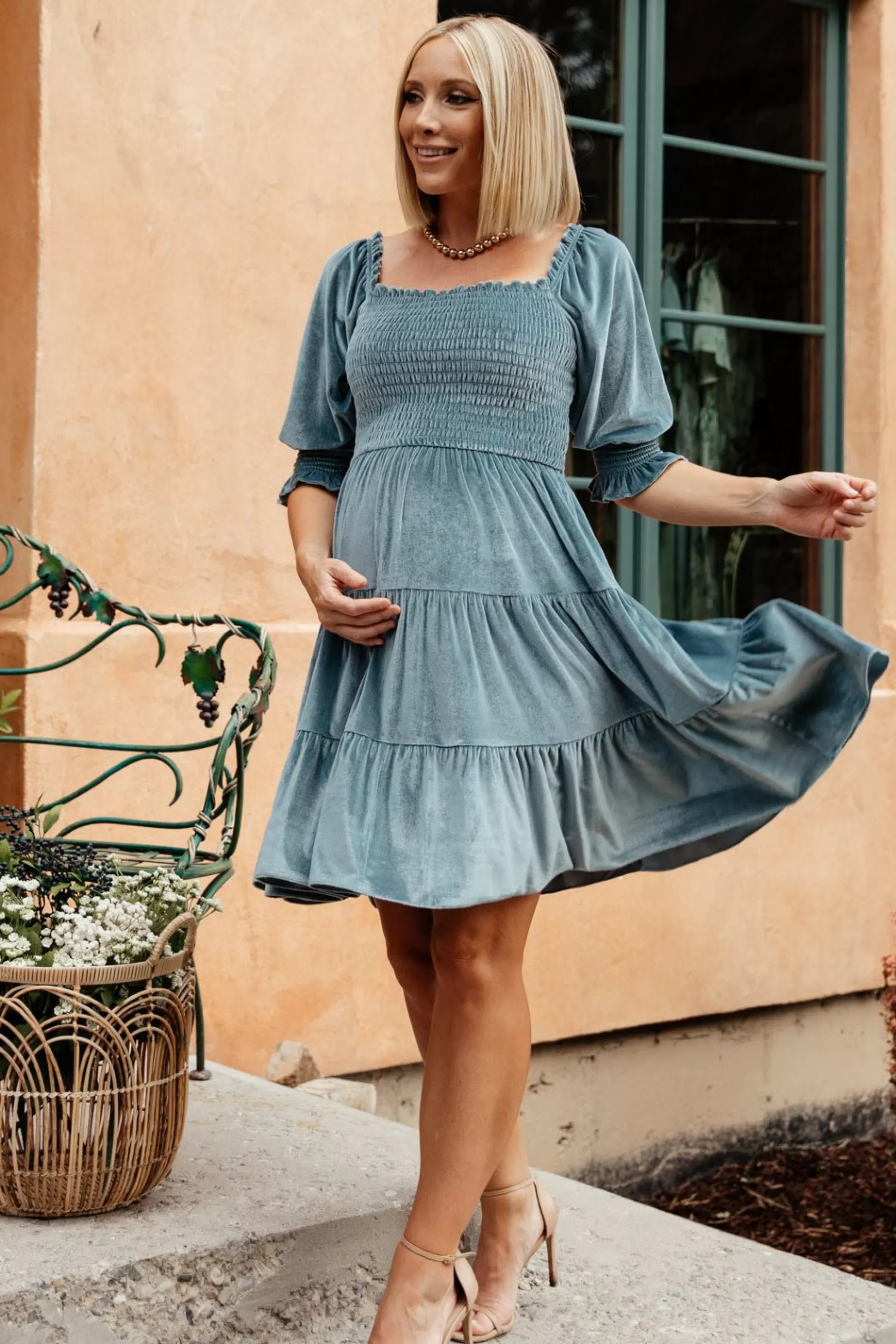 bump friendly | Baltic Born Bliss Smocked Velvet Short Dress | Dusty Blue