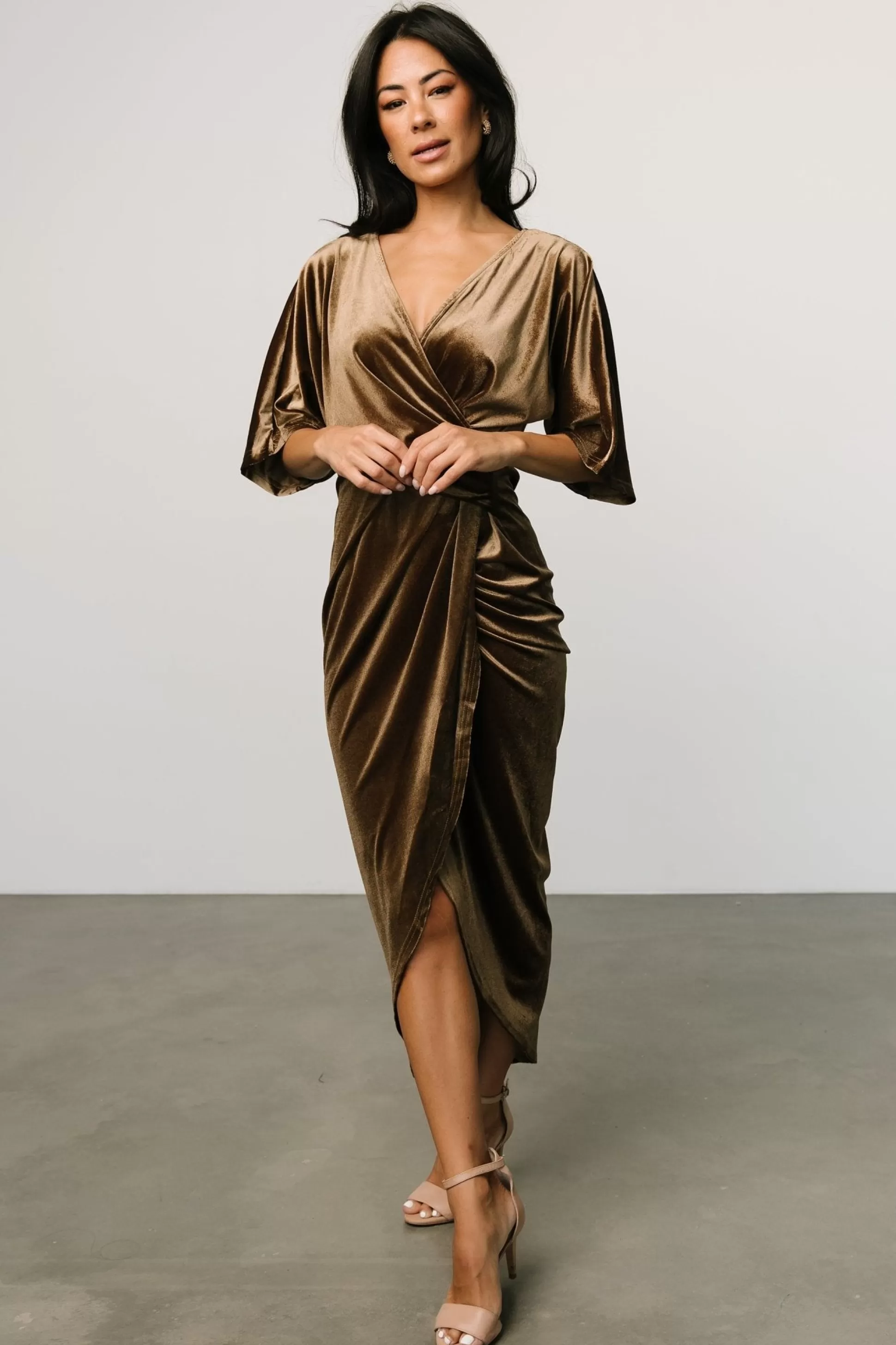 DRESSES | midi dresses | Baltic Born Brendyn Ruched Velvet Dress | Brushed Bronze