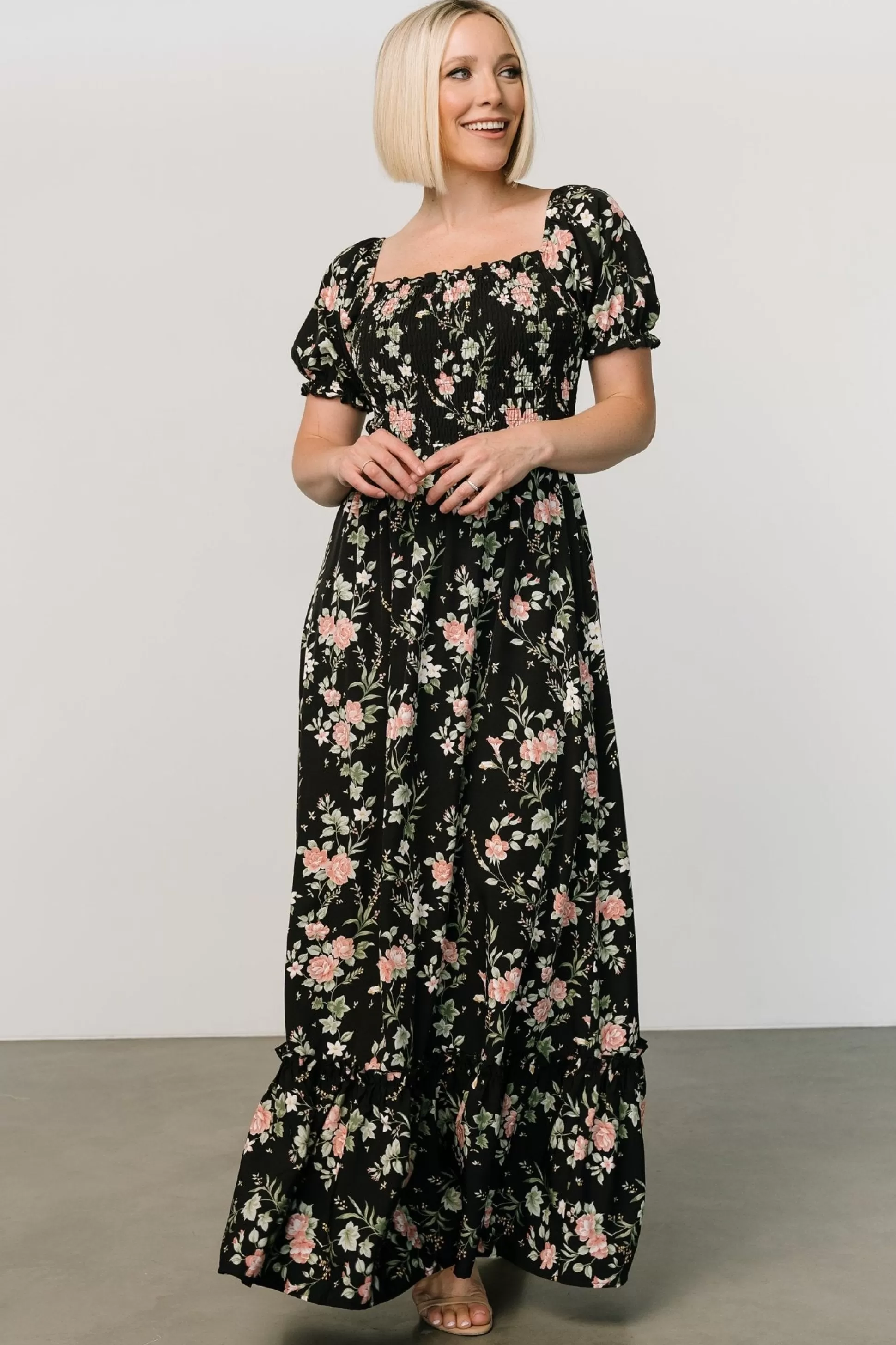 WINTER ESSENTIALS | Baltic Born Capri Smocked Maxi Dress | Black Garden Floral