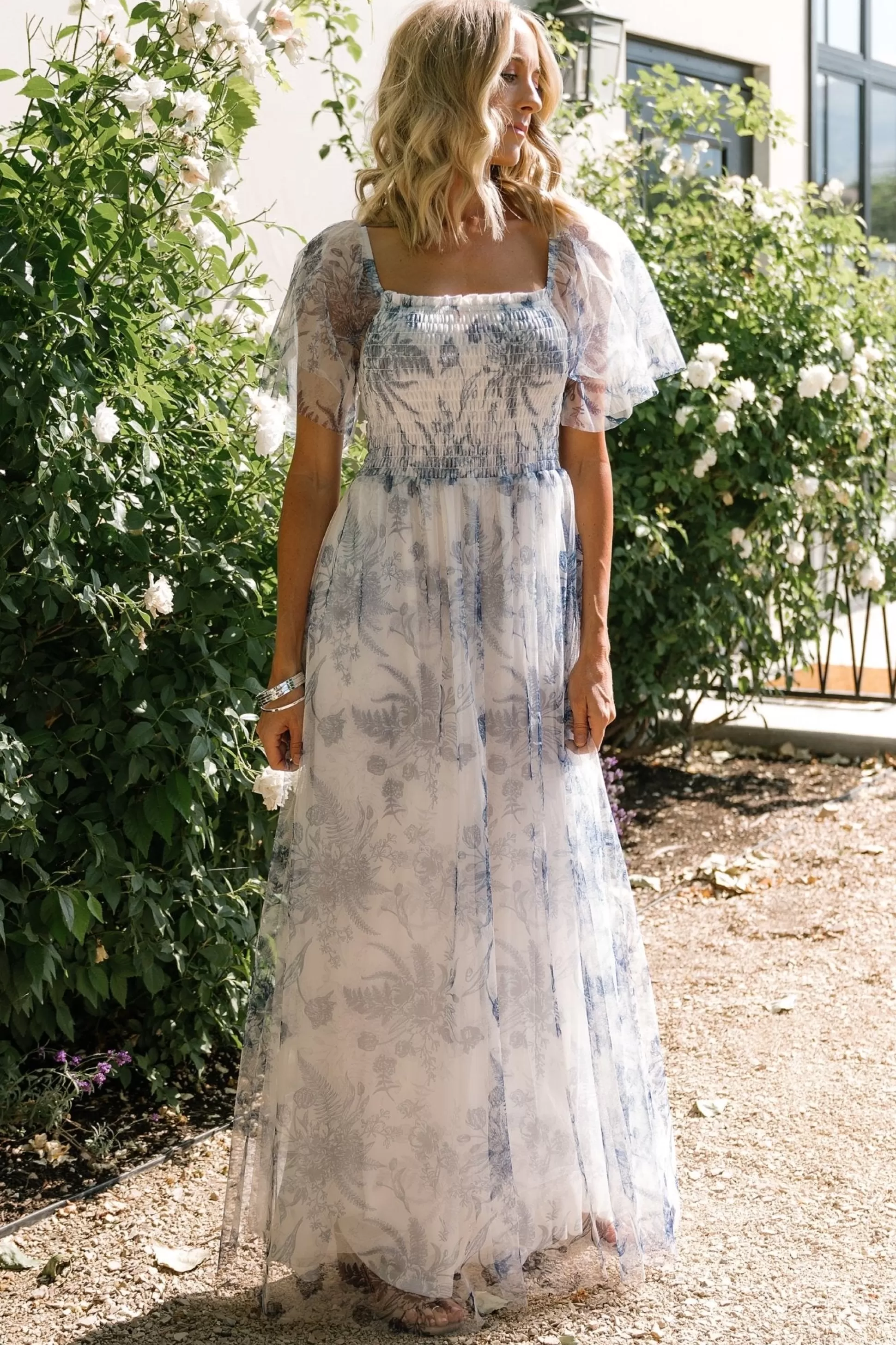 WEDDING SUITE | wedding guest | Baltic Born Cassandra Tulle Maxi Dress | Blue + White Floral