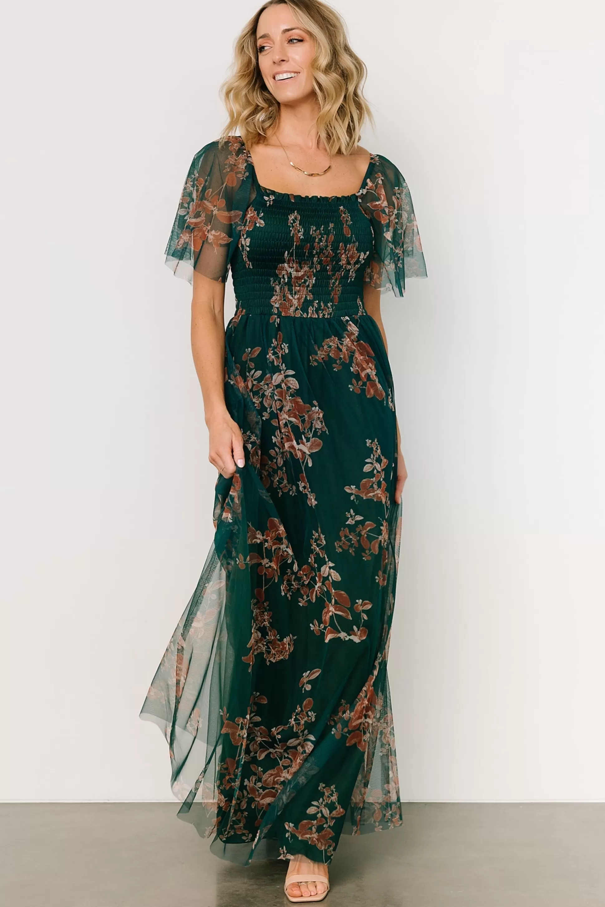 WEDDING SUITE | wedding guest | Baltic Born Cassandra Tulle Maxi Dress | Green + Bronze Floral