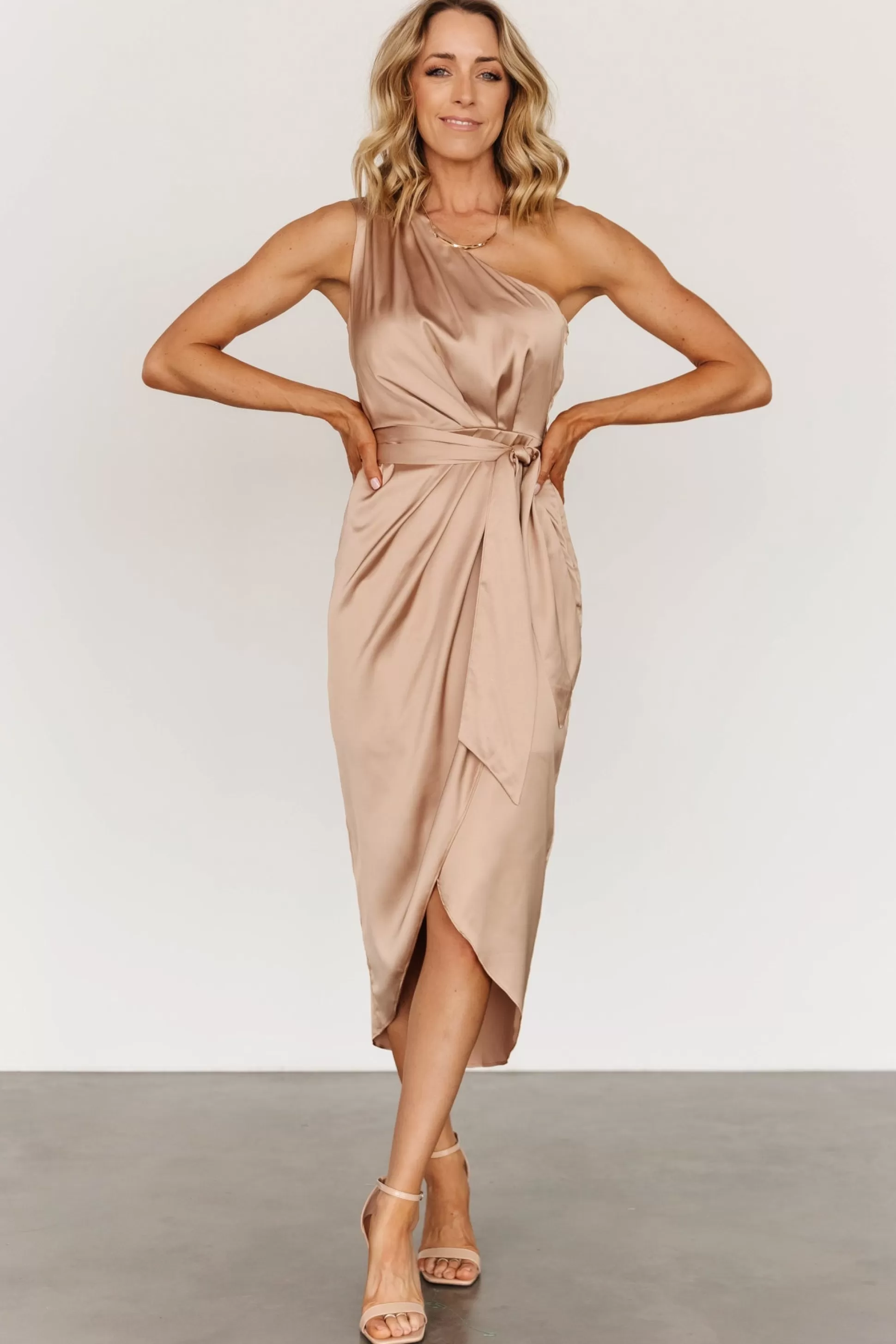 BEST SELLERS | Baltic Born Celia One Shoulder Midi Dress | Champagne