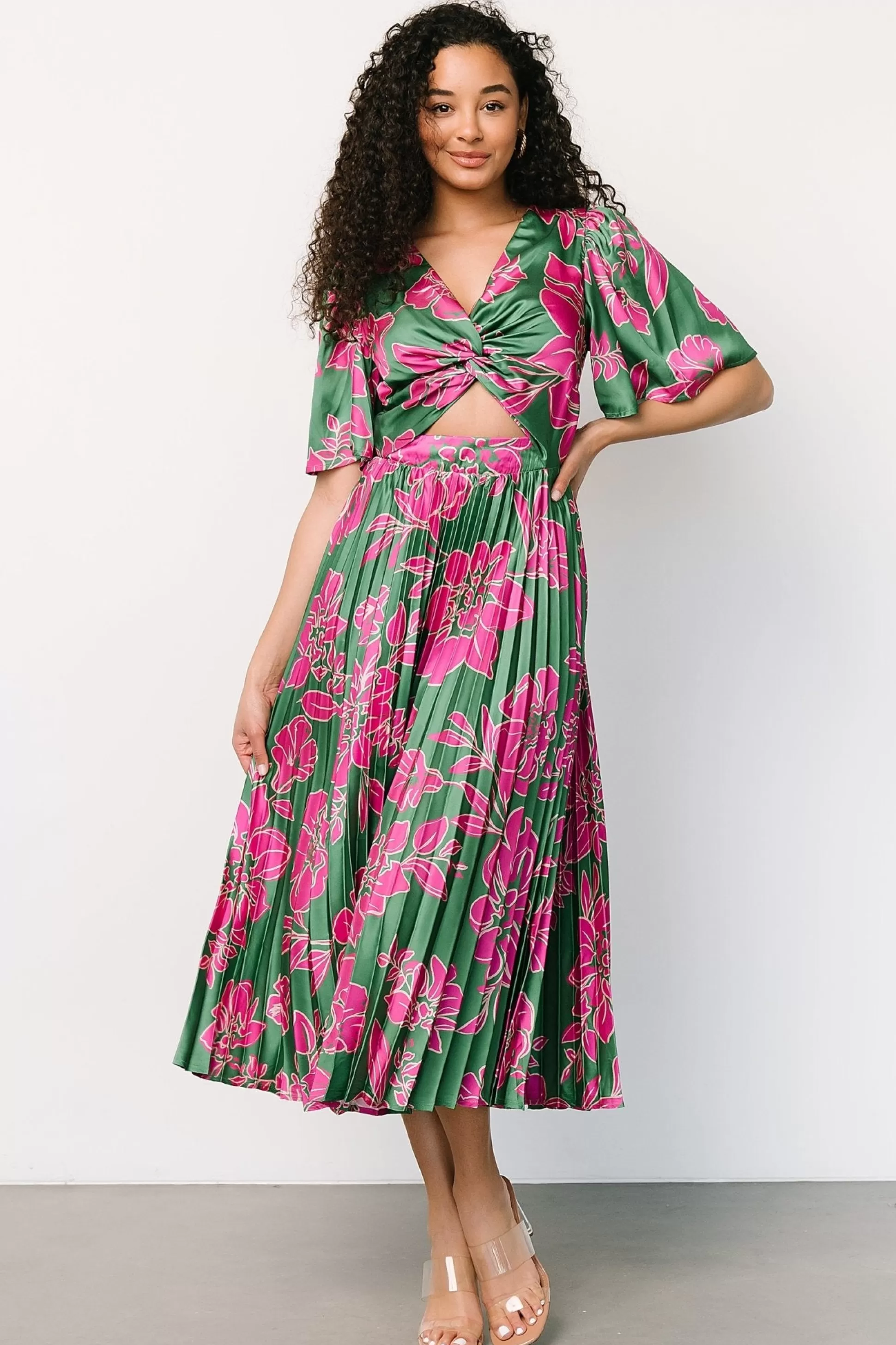 midi dresses | Baltic Born Chaya Pleated Dress | Green + Pink