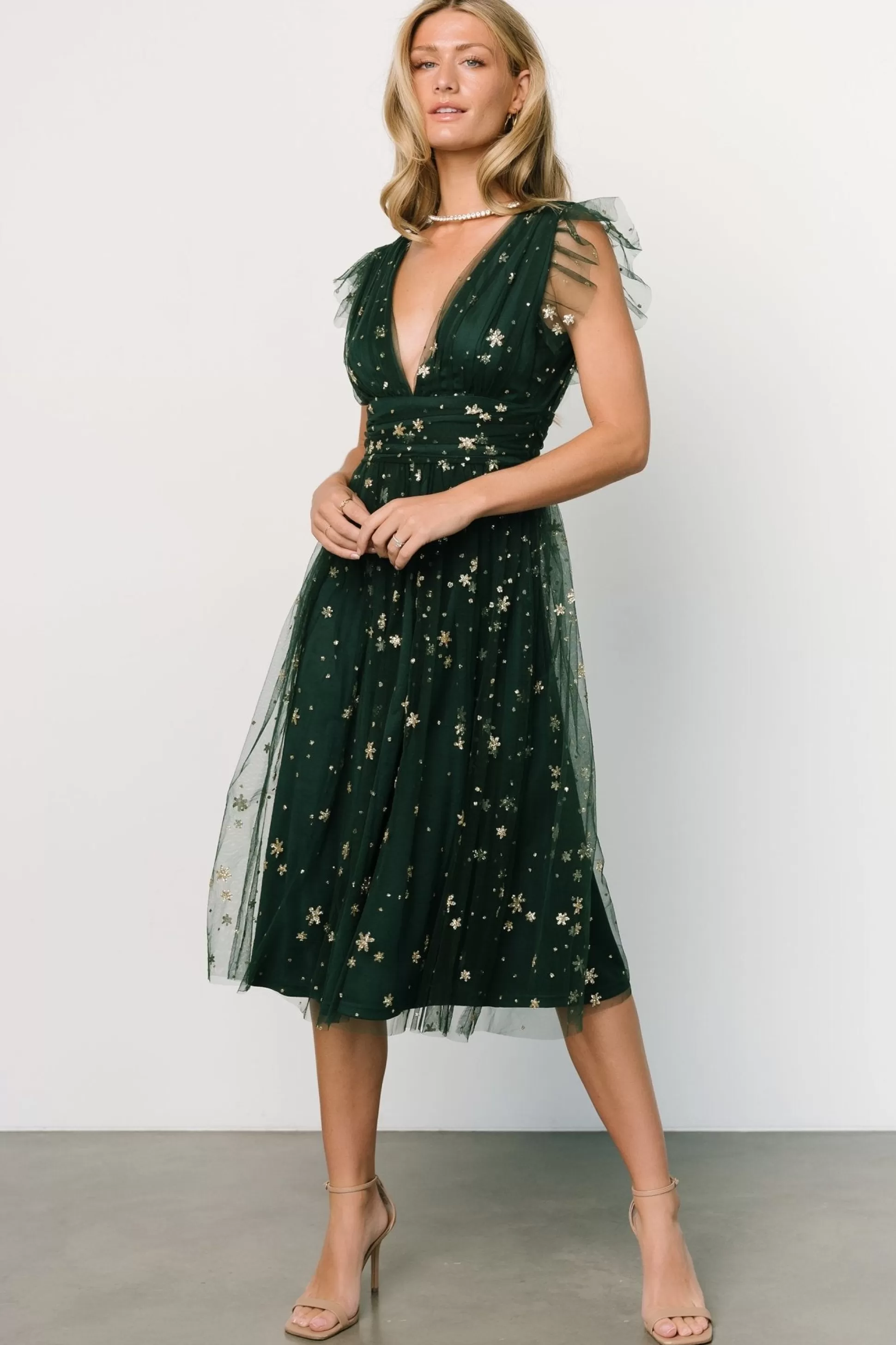 COMING SOON | Baltic Born Chiara Shimmer Midi Dress | Green + Gold