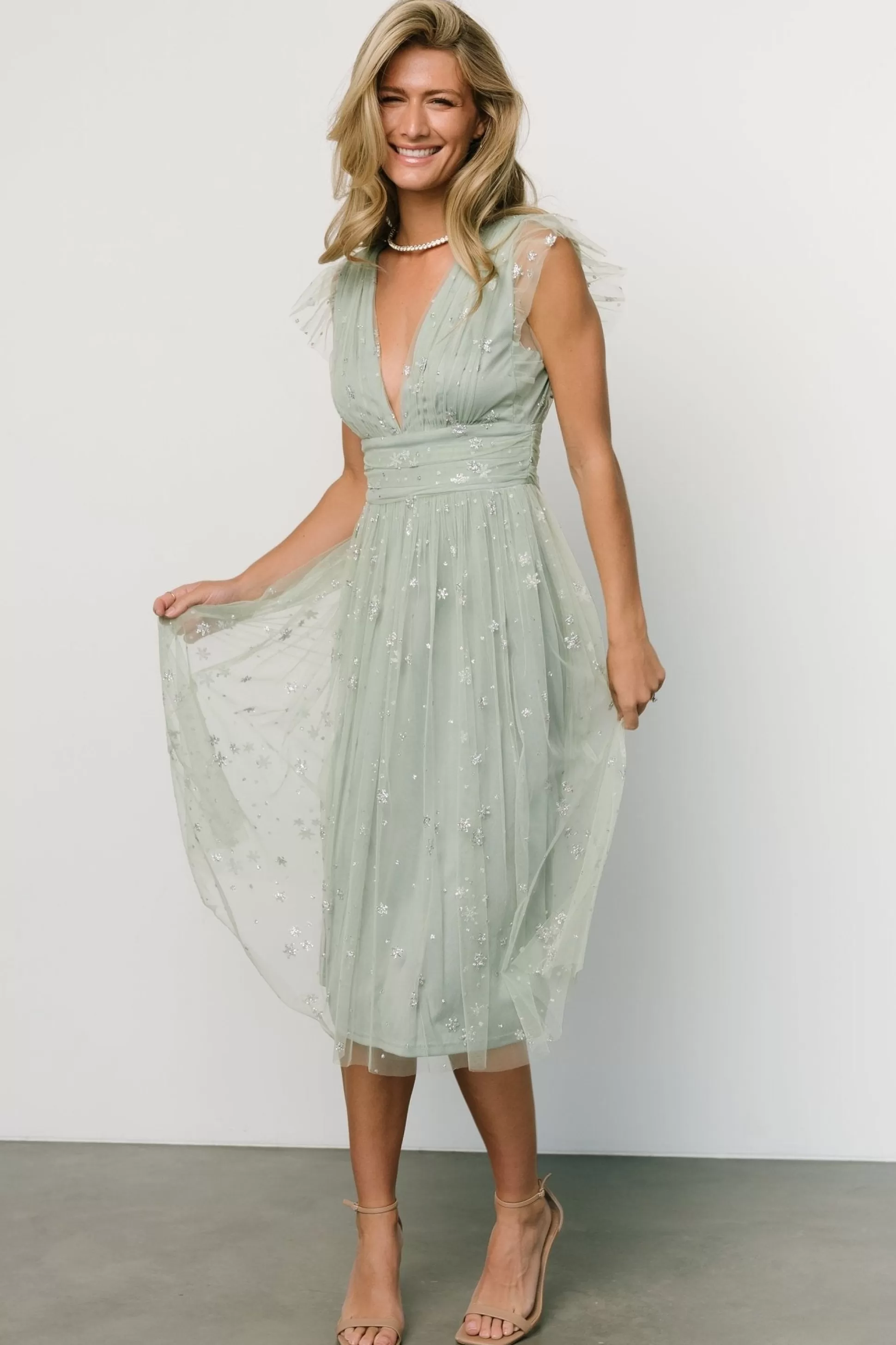 COMING SOON | Baltic Born Chiara Shimmer Midi Dress | Sage + Silver