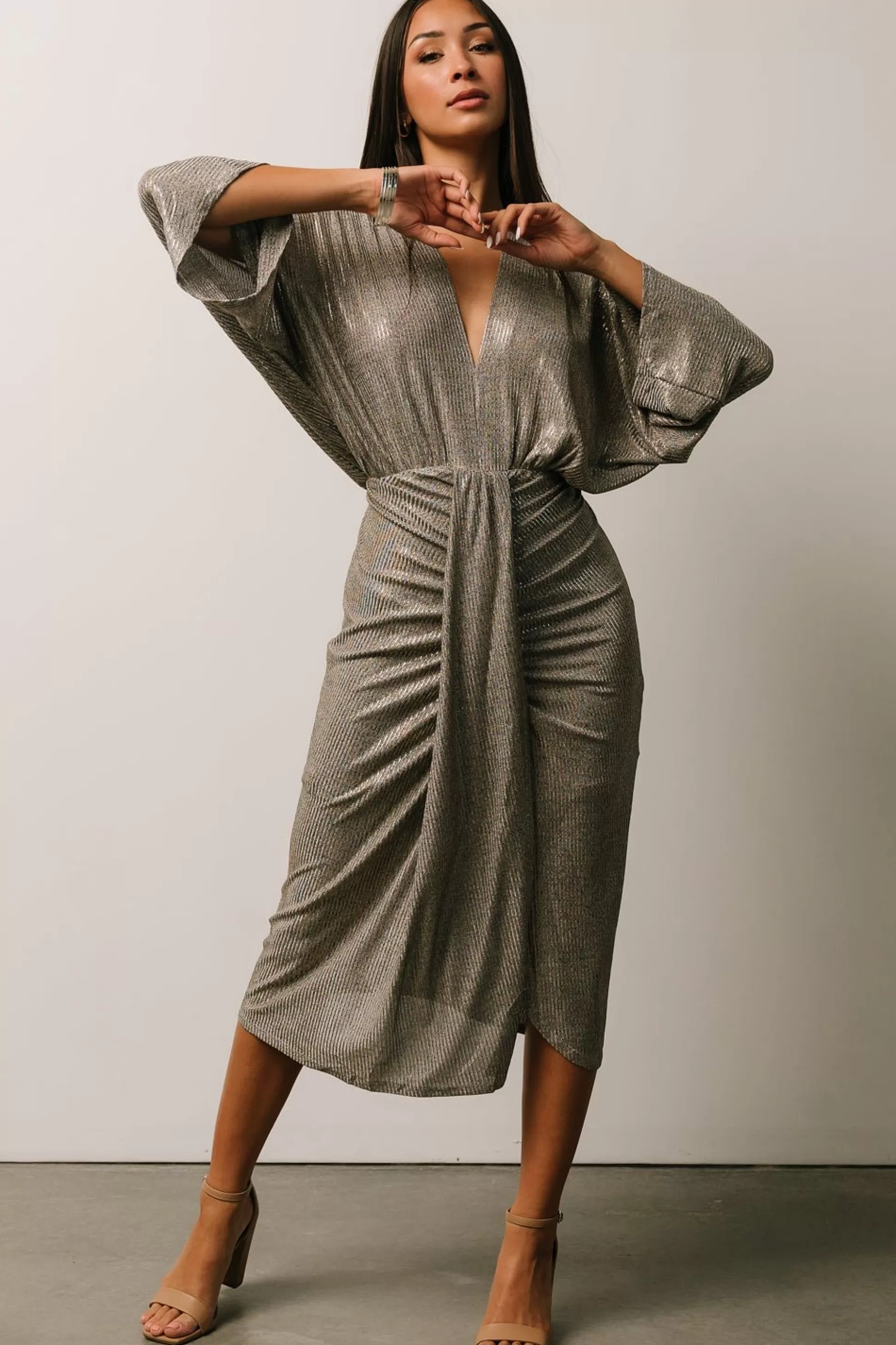 midi dresses | WEDDING SUITE | Baltic Born Ciara Ruched Midi Dress | Silver Metallic