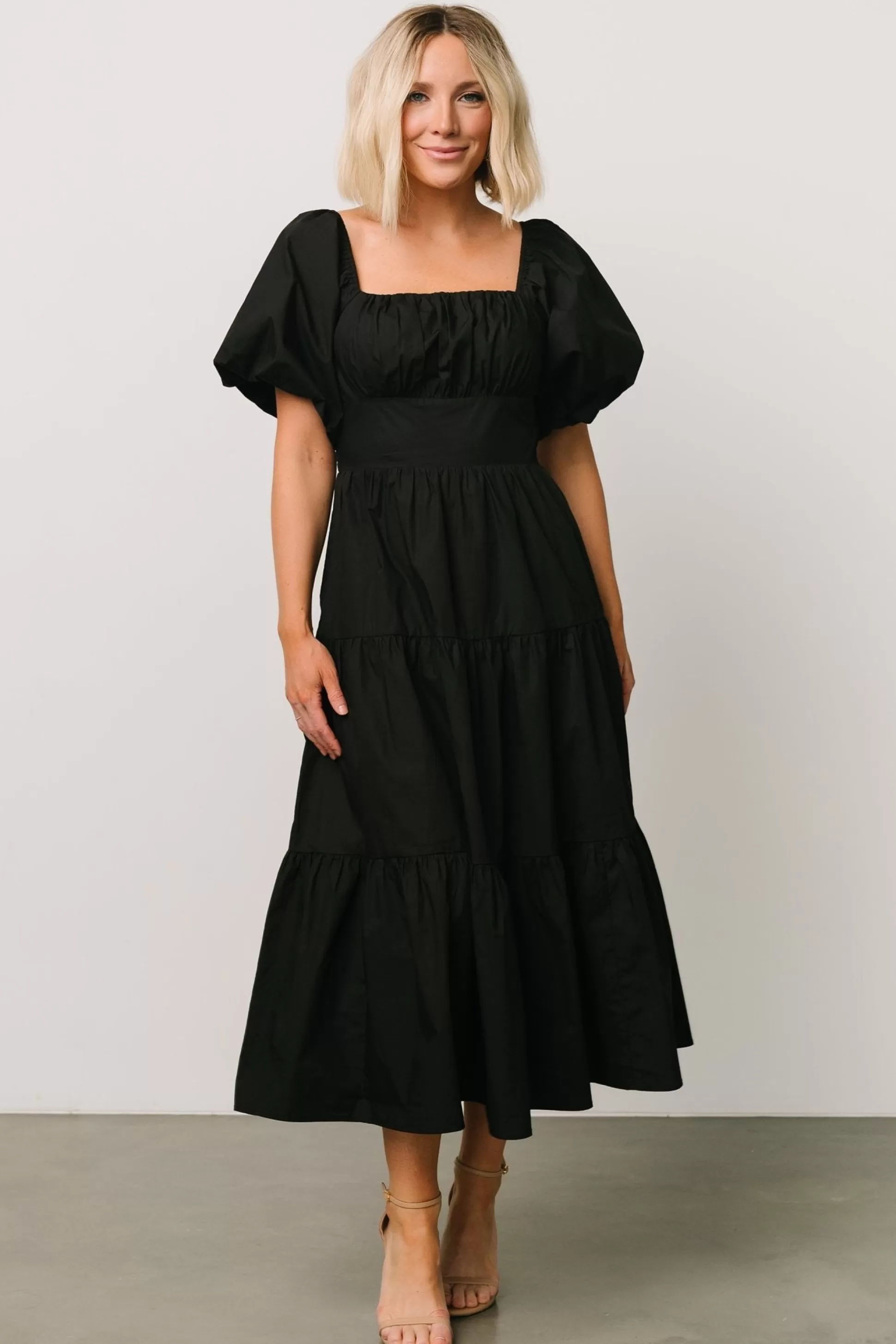 midi dresses | Baltic Born Cindy Puff Sleeve Tiered Dress | Black