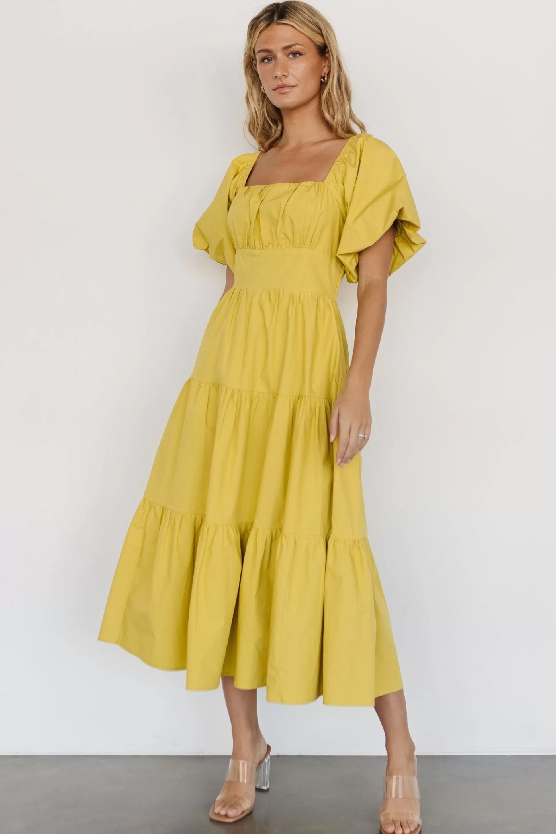 midi dresses | Baltic Born Cindy Puff Sleeve Tiered Dress | Lemongrass