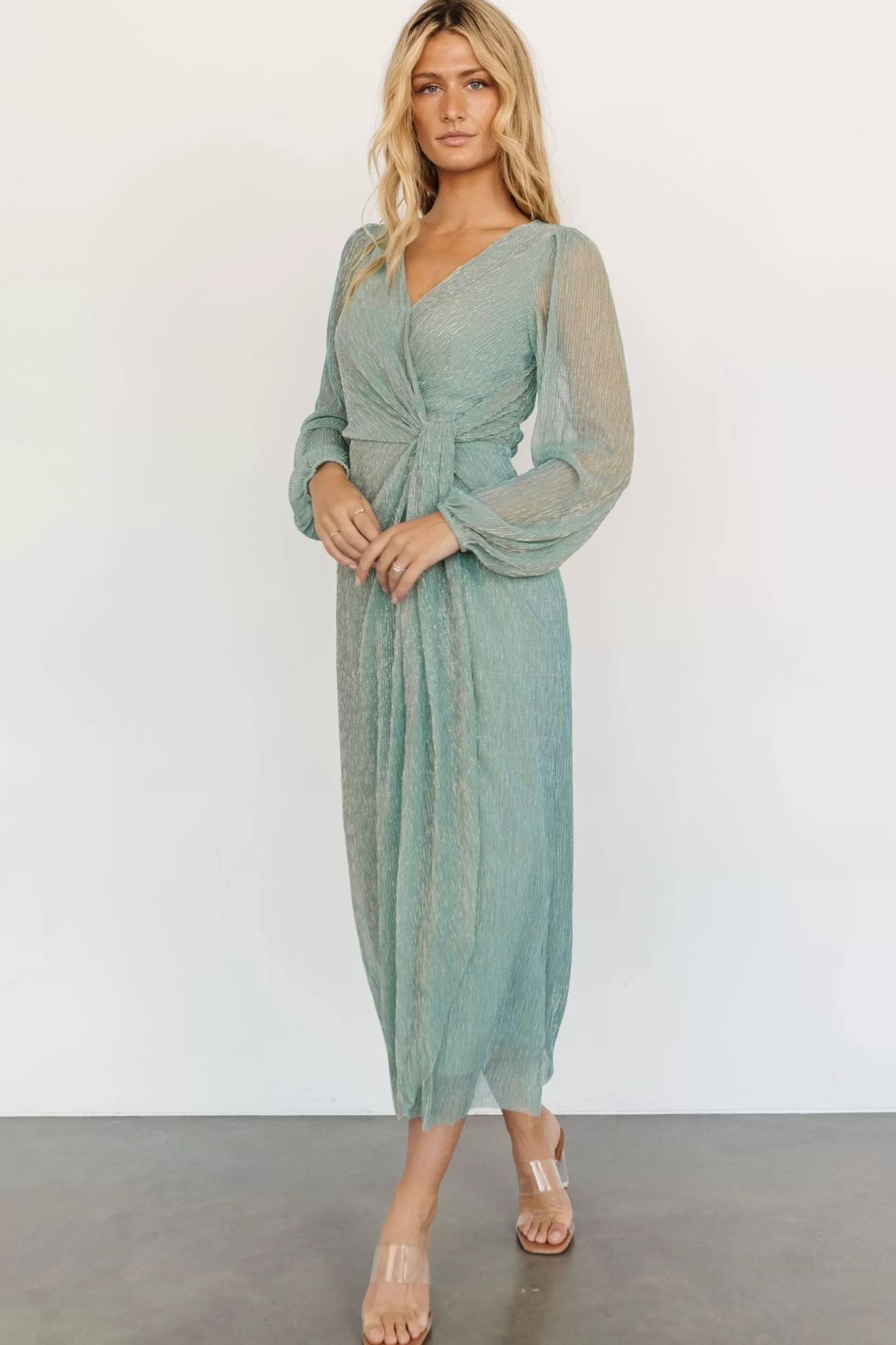 WEDDING SUITE | wedding guest | Baltic Born Devlyn Pleated Dress | Blue Sage Shimmer