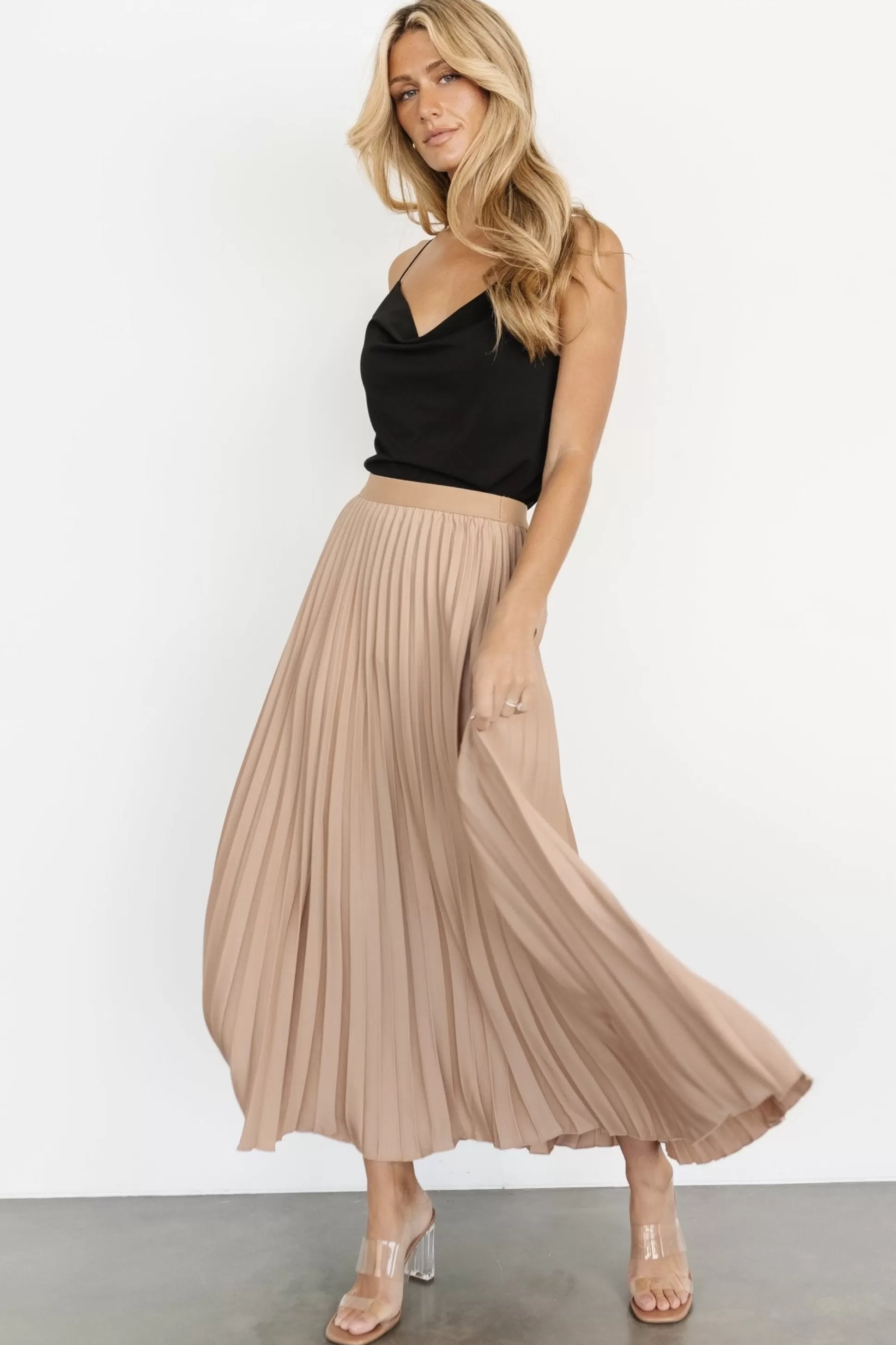 skirts | Baltic Born Elliot Pleated Satin Skirt | Sand