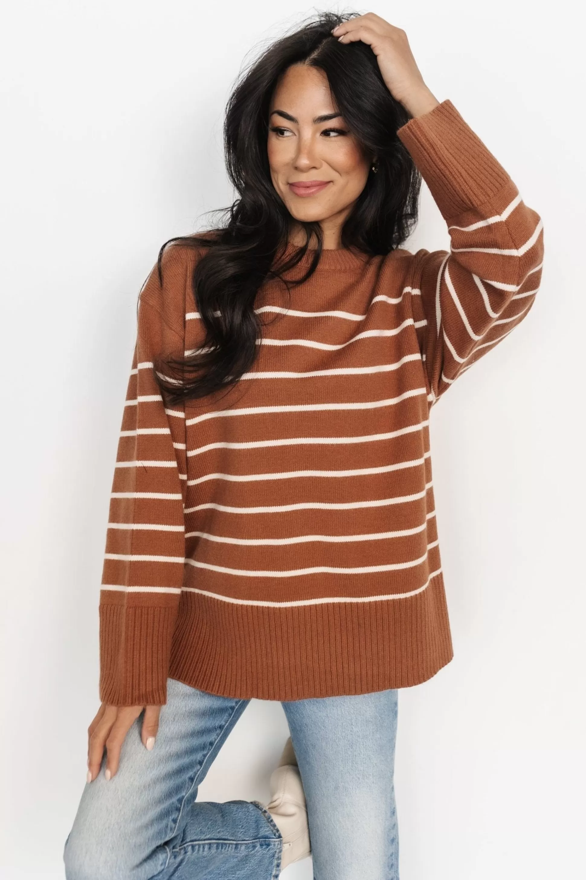 sweaters | EXTENDED SIZING | Baltic Born Emerson Stripe Knit Sweater | Dark Camel + Ivory