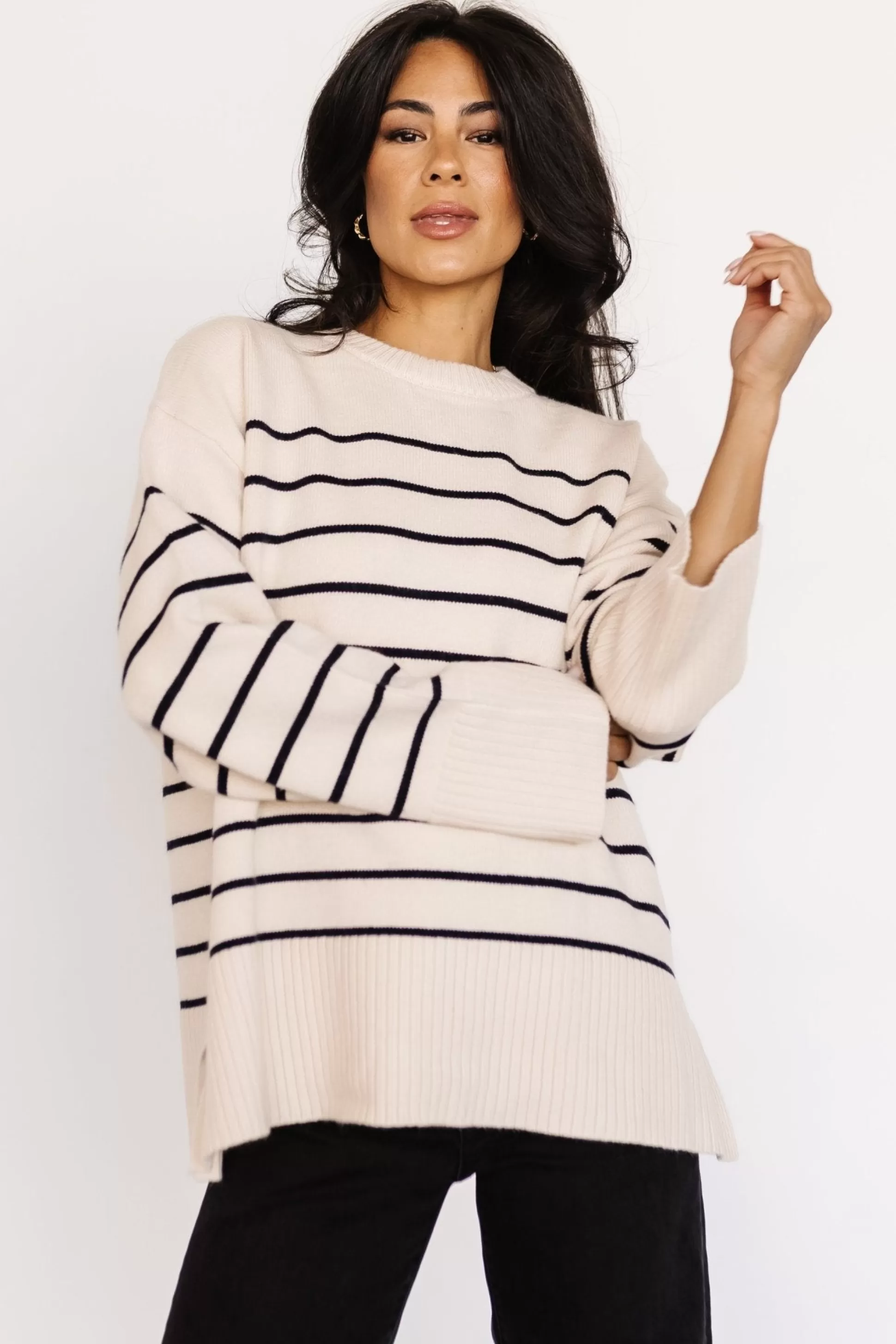 sweaters | EXTENDED SIZING | Baltic Born Emerson Stripe Knit Sweater | Ivory + Black