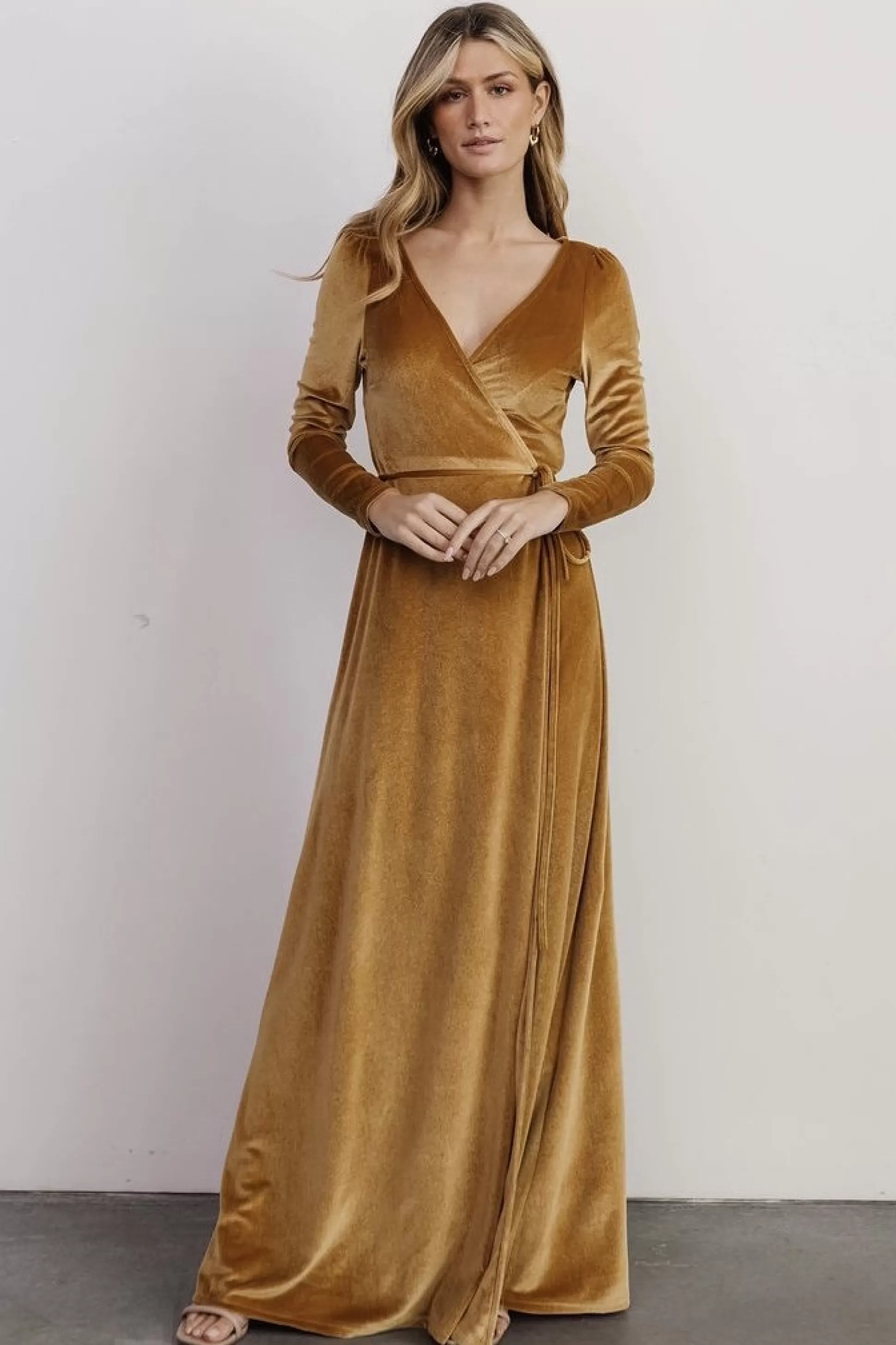 SALE | WINTER ESSENTIALS | Baltic Born Esmerelda Velvet Wrap Maxi Dress | Gold