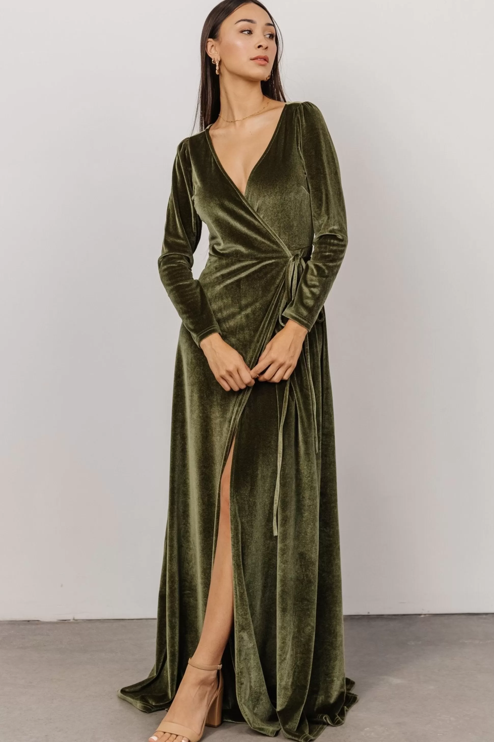 WINTER ESSENTIALS | SALE | Baltic Born Esmerelda Velvet Wrap Maxi Dress | Olive