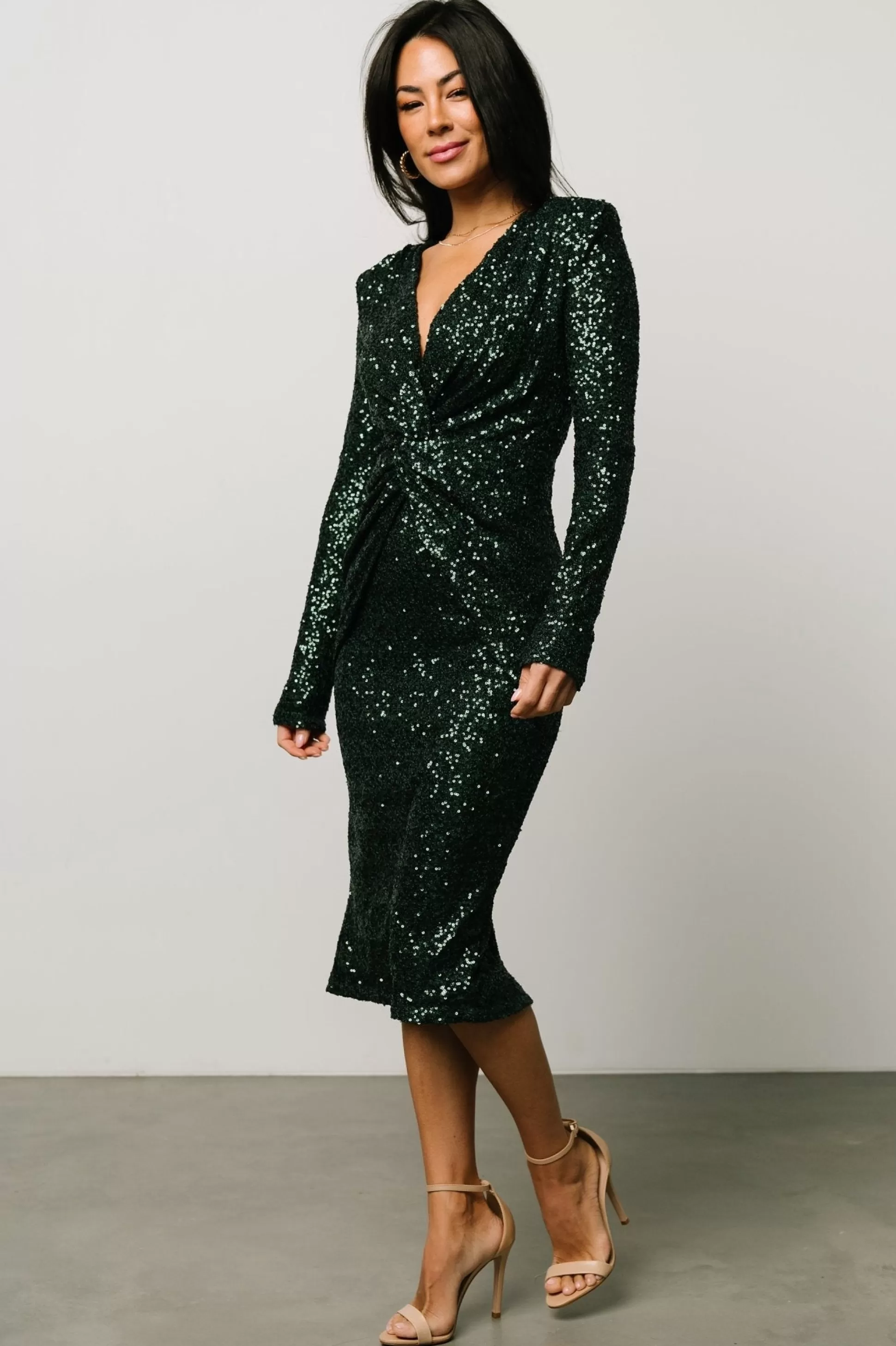 embellished + sequined | Baltic Born Estrella Sequin Midi Dress | Dark Green