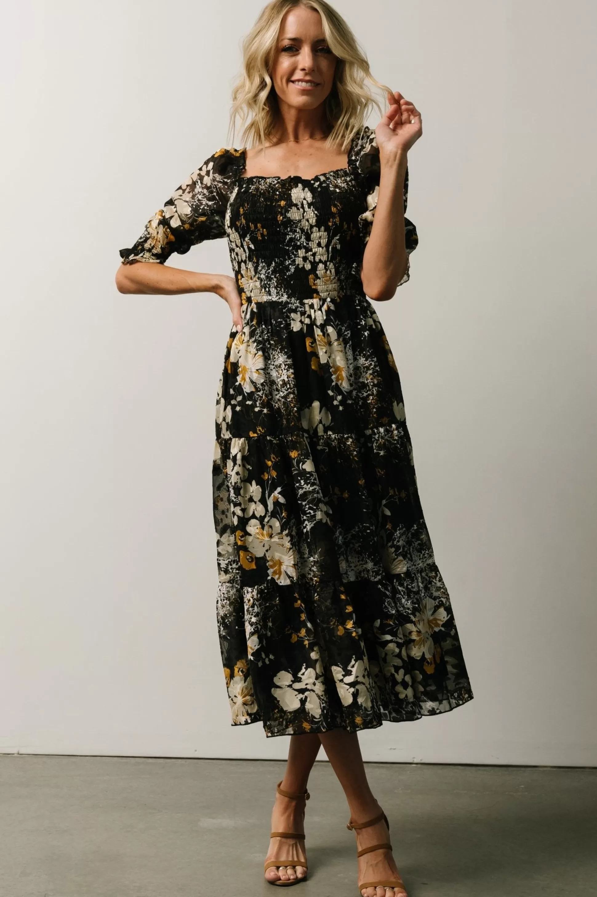 midi dresses | WEDDING SUITE | Baltic Born Fabian Jacquard Midi Dress | Black Floral