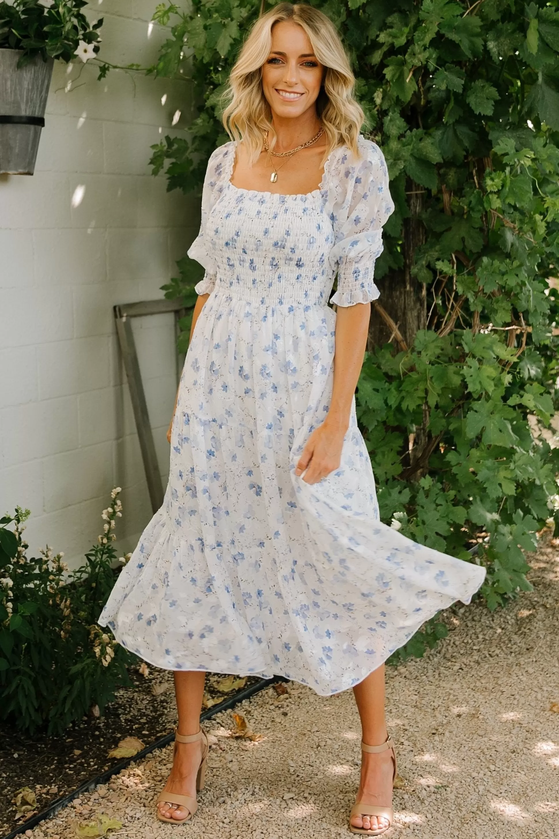 midi dresses | WEDDING SUITE | Baltic Born Fabian Jacquard Midi Dress | Blue Floral