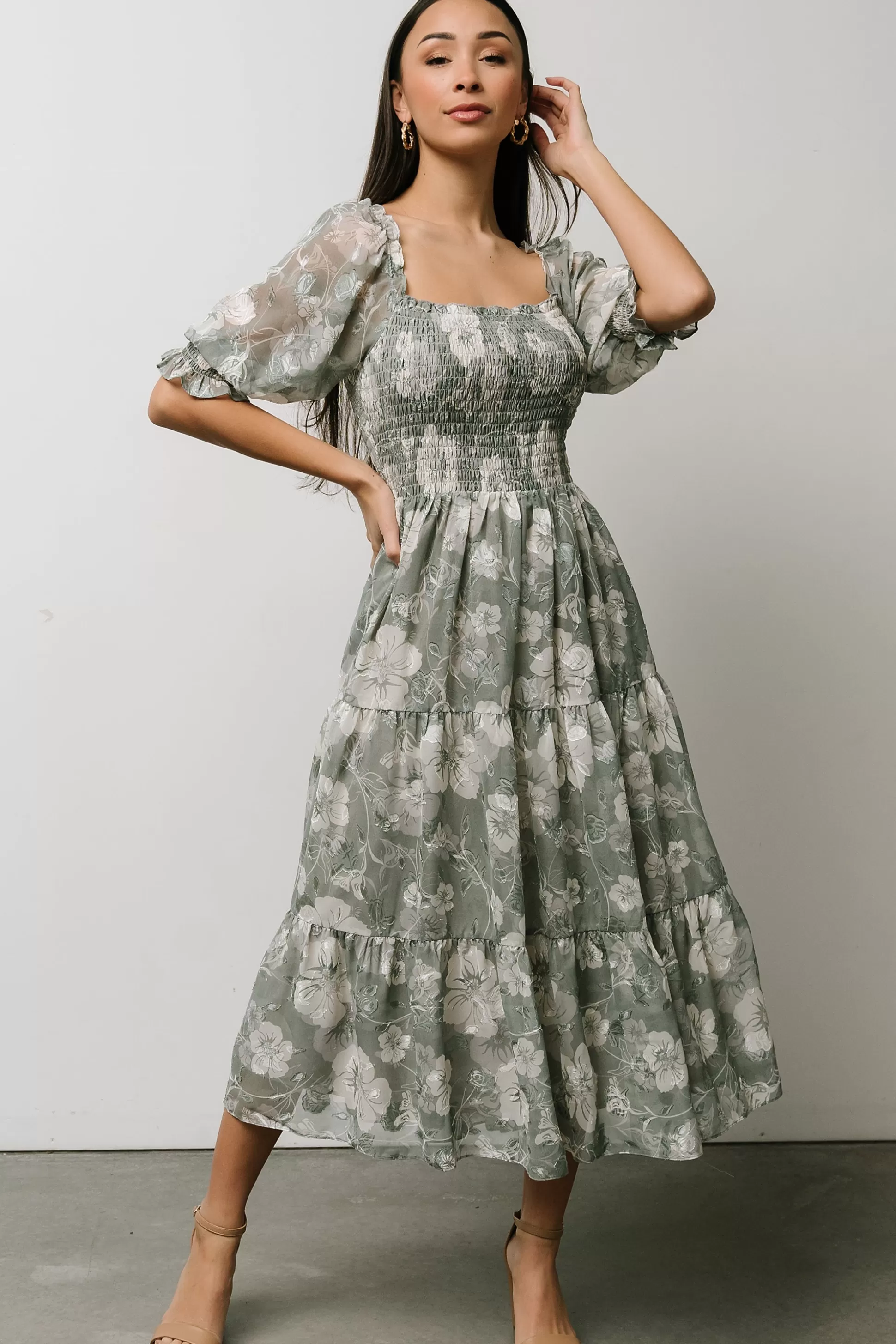 midi dresses | WEDDING SUITE | Baltic Born Fabian Jacquard Midi Dress | Dusty Sage