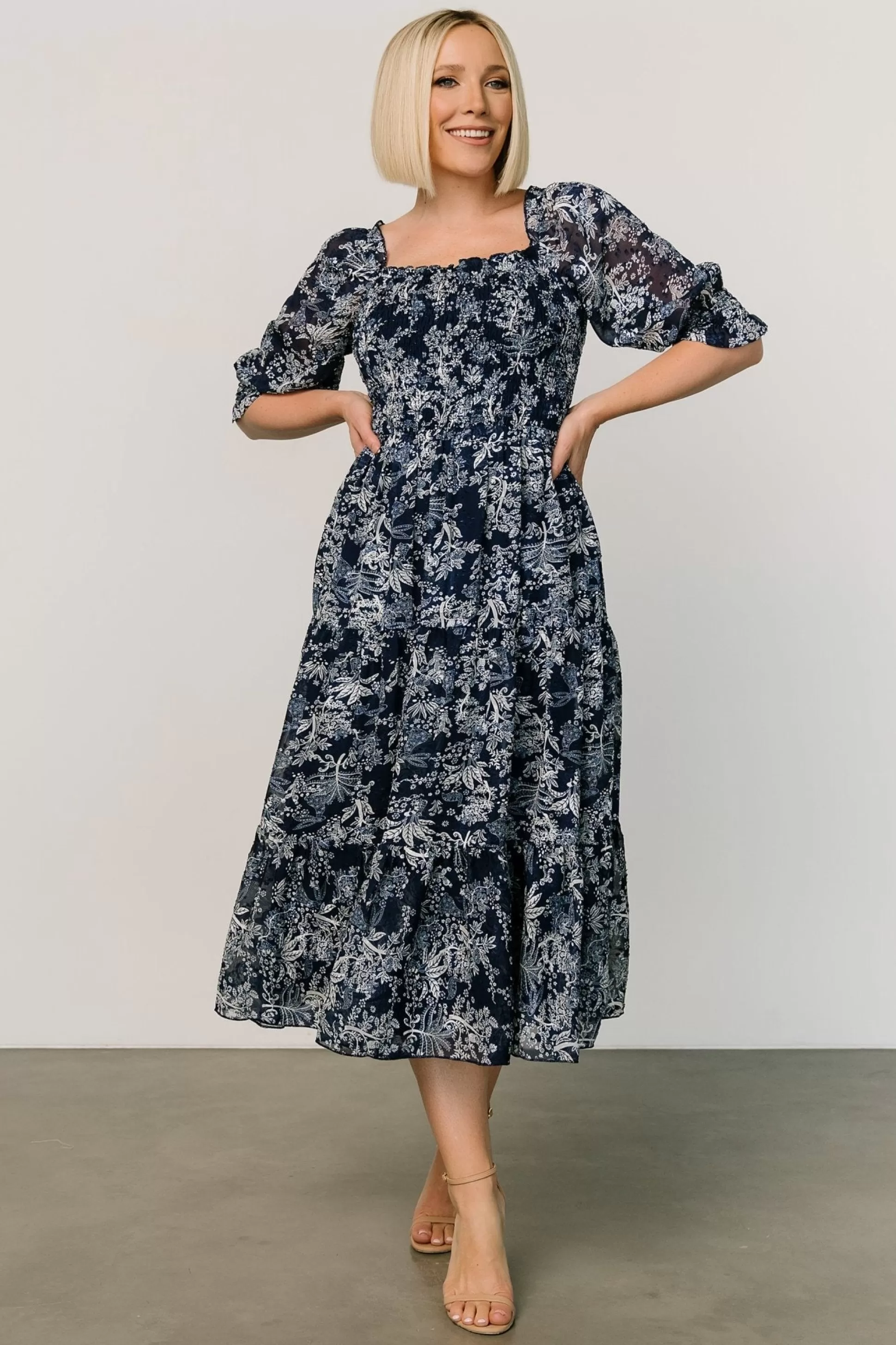 midi dresses | WEDDING SUITE | Baltic Born Fabian Jacquard Midi Dress | Indigo Print