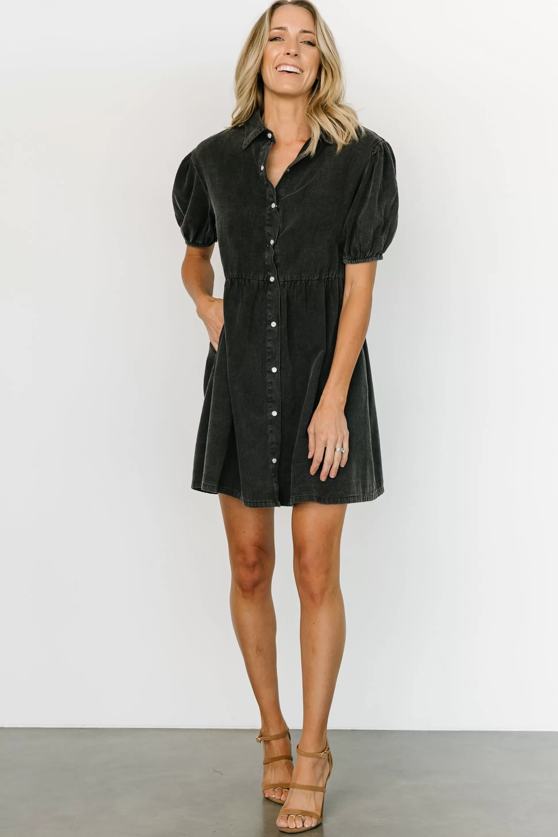 short dresses | EXTENDED SIZING | Baltic Born Fontana Puff Sleeve Short Dress | Washed Black