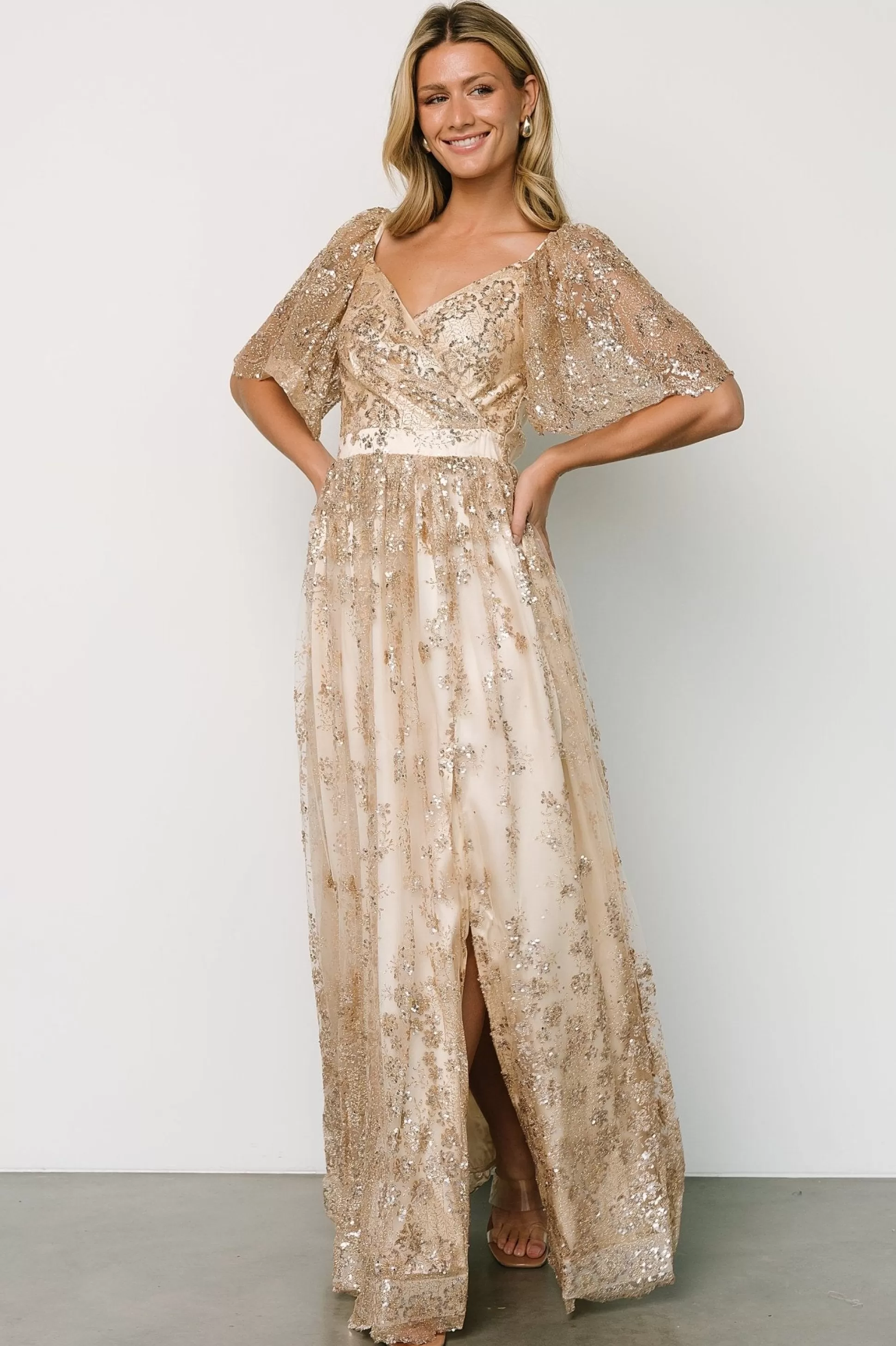 SALE | Baltic Born Genevieve Glitter Maxi Dress | Gold + Nude