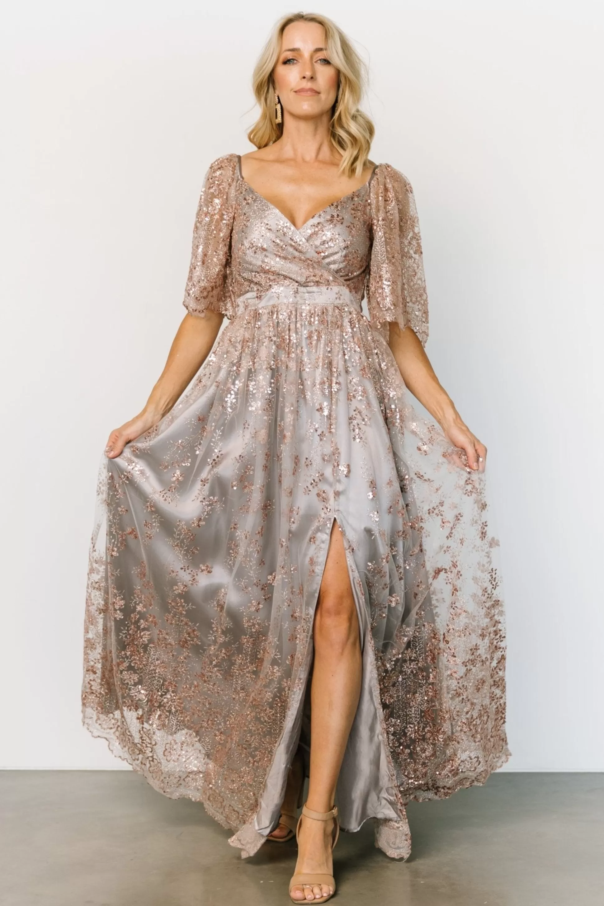 SALE | Baltic Born Genevieve Glitter Maxi Dress | Gray + Rose Gold