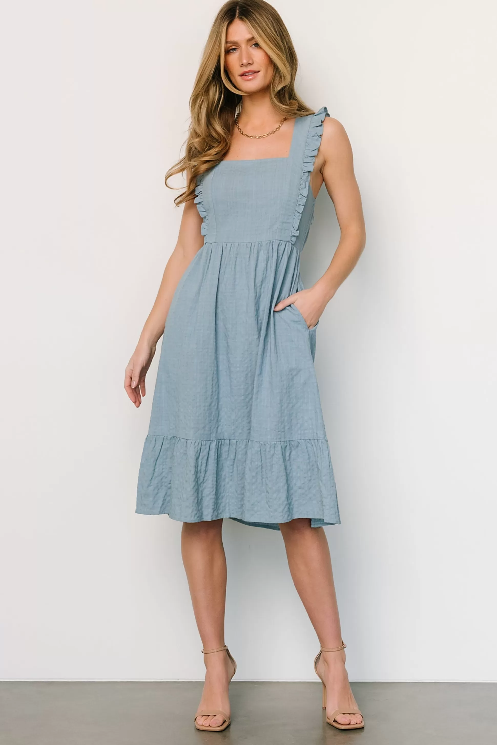 midi dresses | Baltic Born Gretta Ruffle Tie Back Midi Dress | Dusty Blue