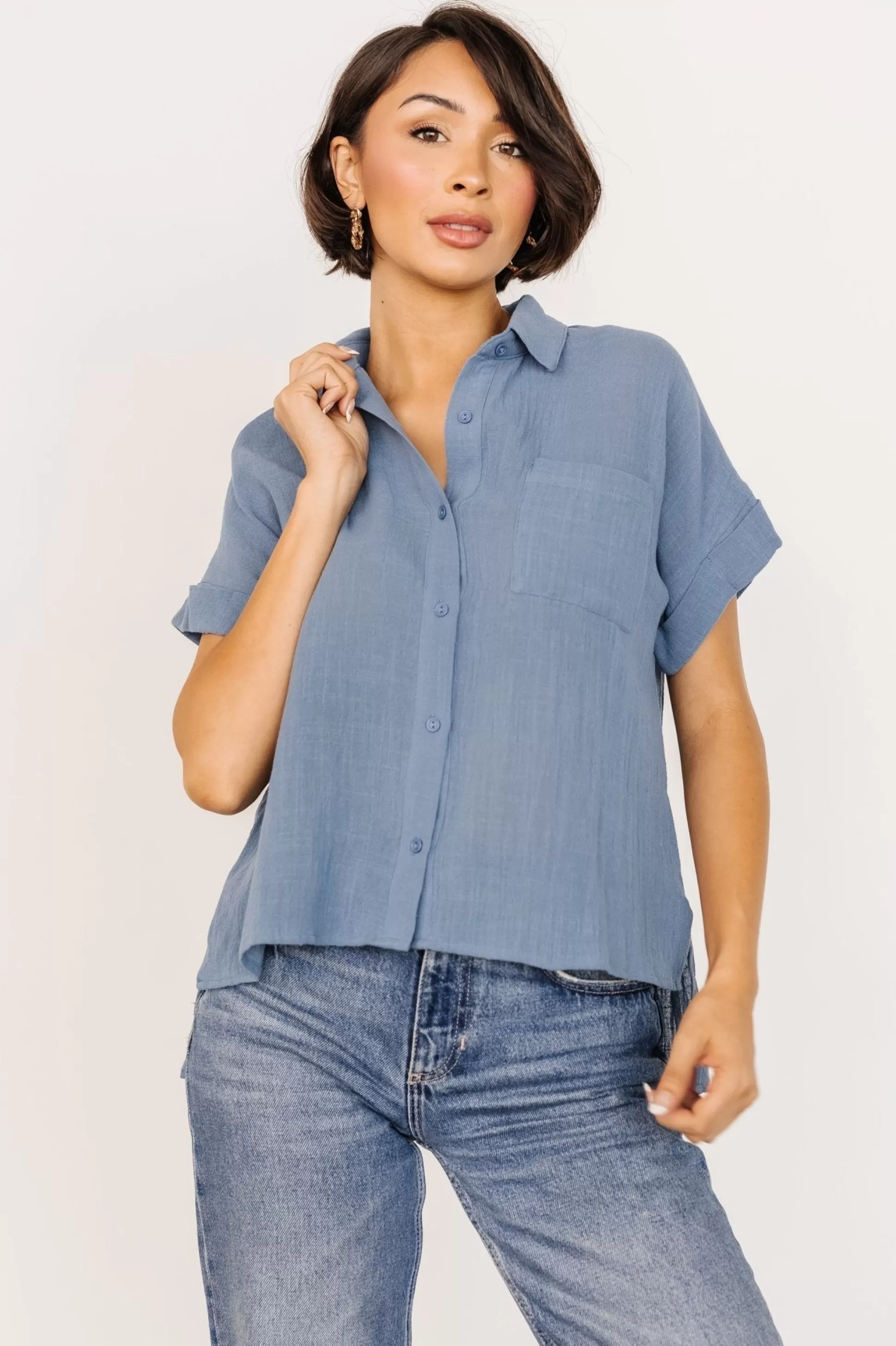 blouses + shirts | Baltic Born Hammond Short Sleeve Top | Slate Blue