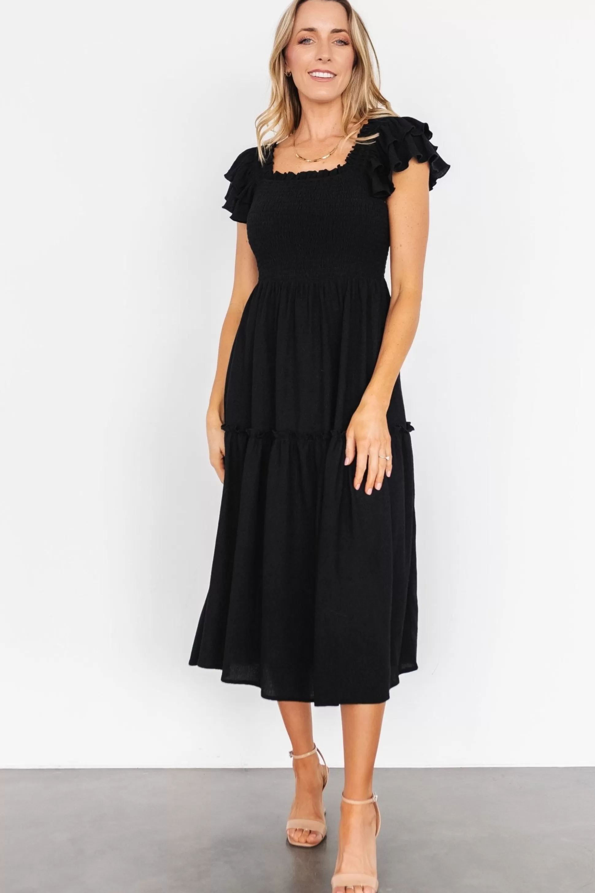 COMING SOON | Baltic Born Jacie Smocked Midi Dress | Black