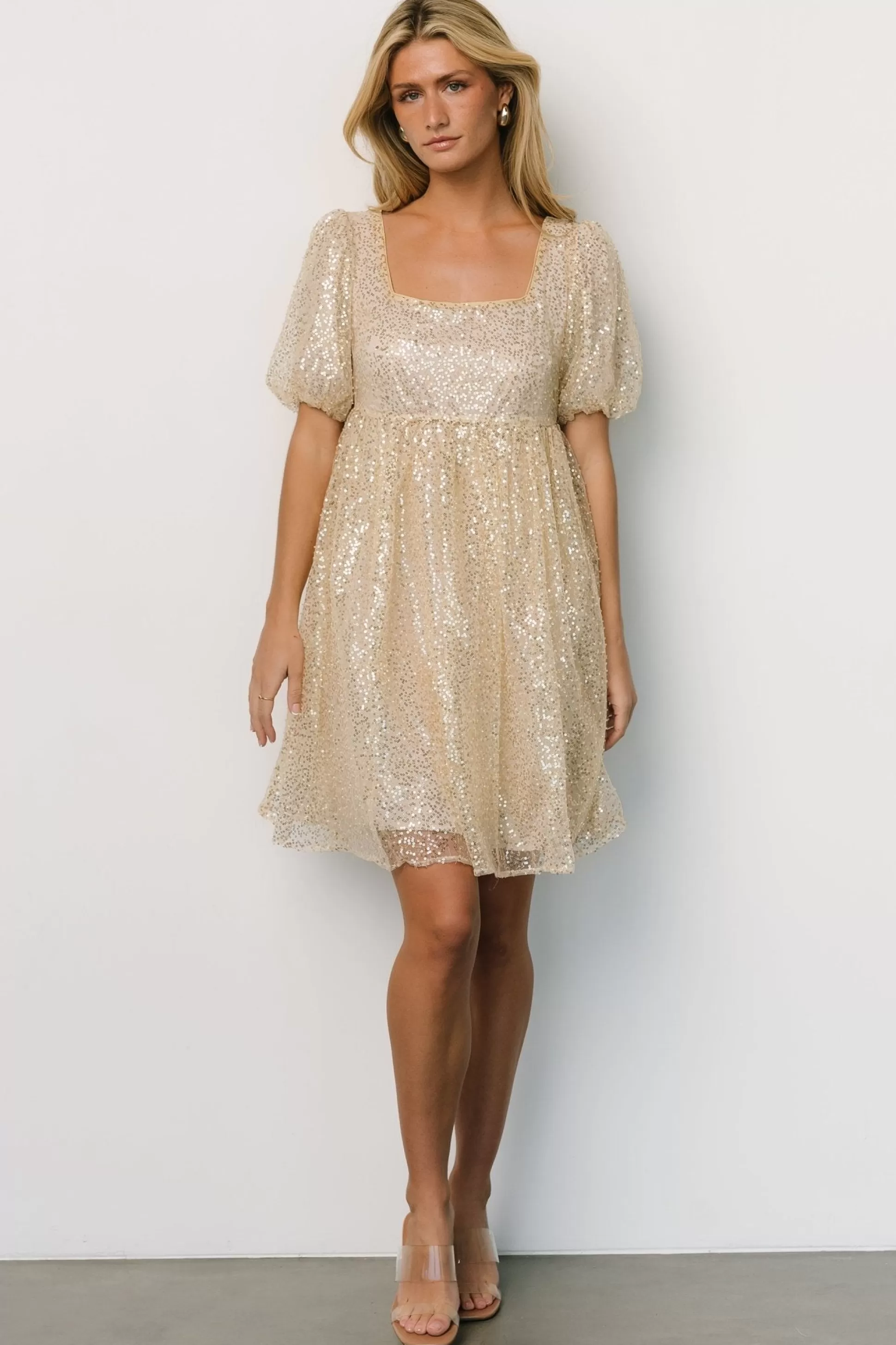 embellished + sequined | Baltic Born Joy Sequin Pearl Short Dress | Gold