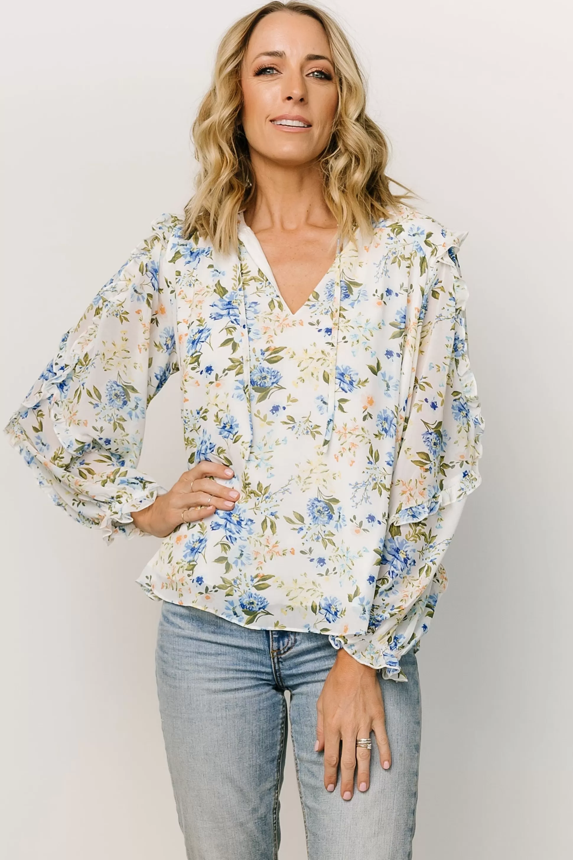 blouses + shirts | Baltic Born Karlie Long Sleeve Ruffle Top | Blue Floral