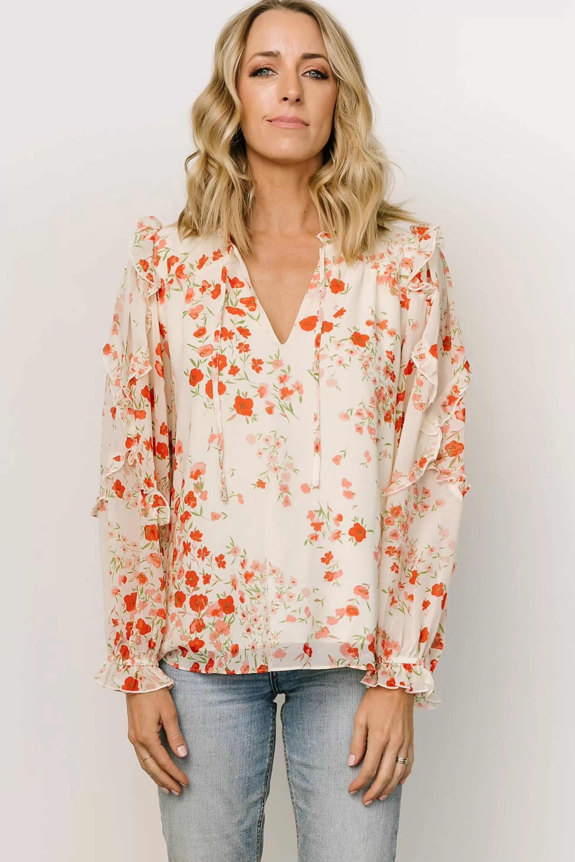 blouses + shirts | Baltic Born Karlie Long Sleeve Ruffle Top | Ivory + Red Multi